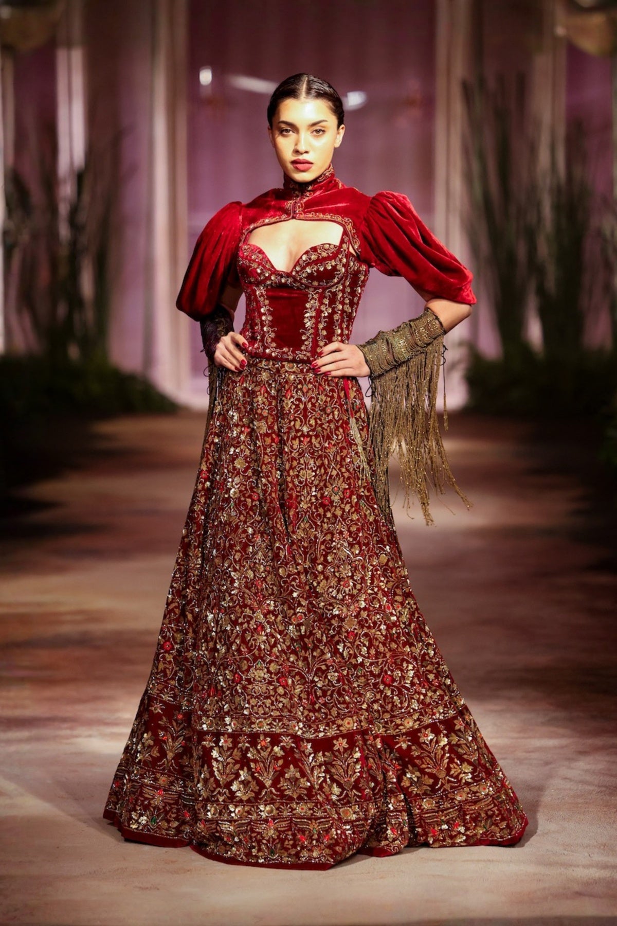 Wine Velvet Skirt Set