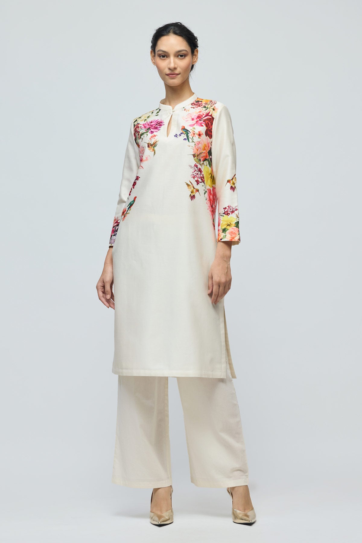 Floral printed Chanderi Tunic Set with Voile Pant