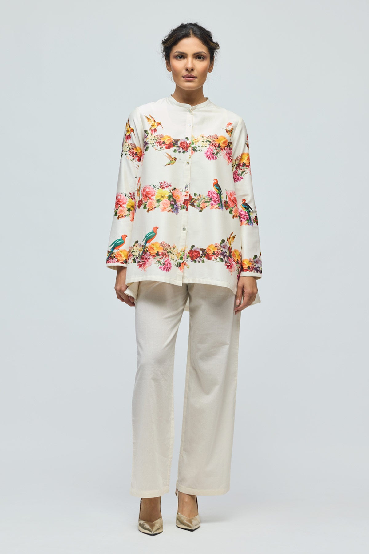 Floral printed Chanderi Tunic Set with Voile Pant