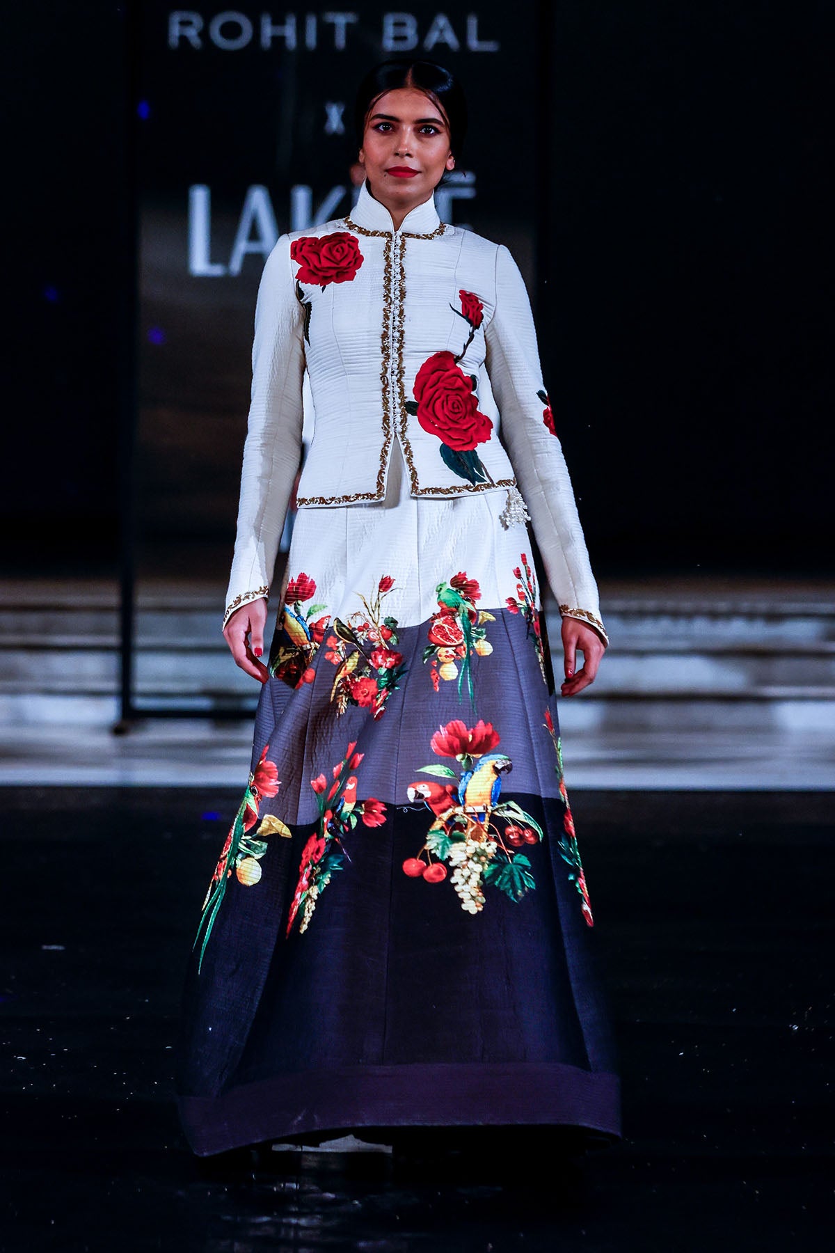 Chanderi Embroidery Floral Print Jacket And Color Block Skirt