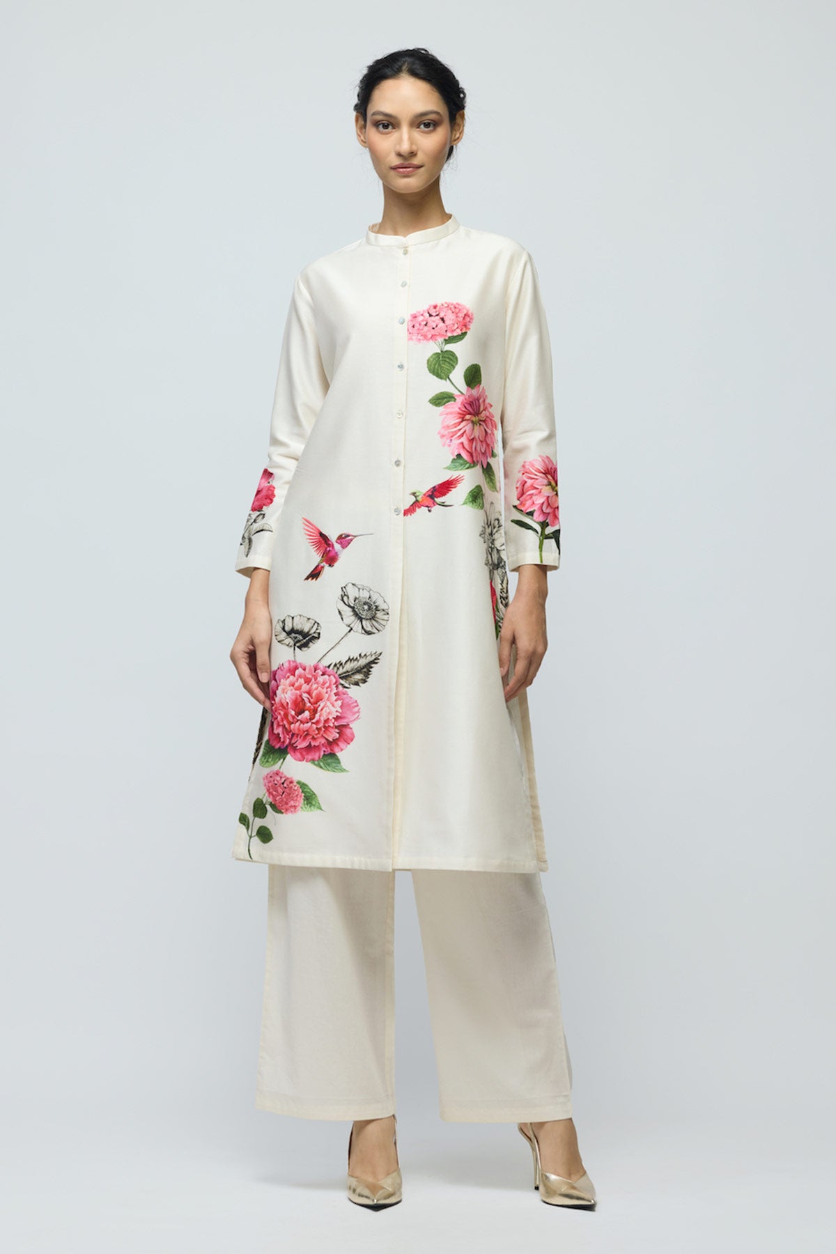 Floral printed Chanderi Tunic Set with Voile Pant