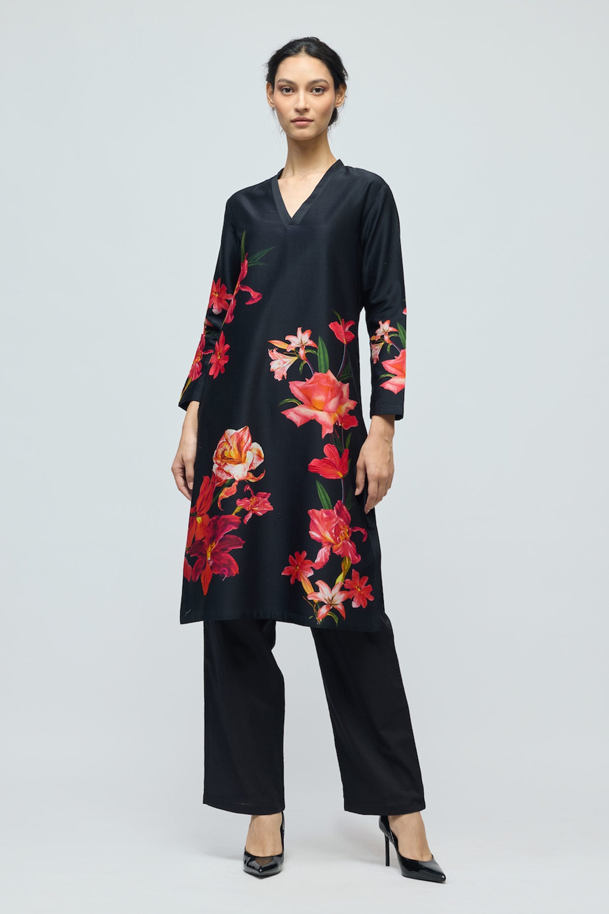 Floral printed Chanderi Tunic Set with Voile Pant