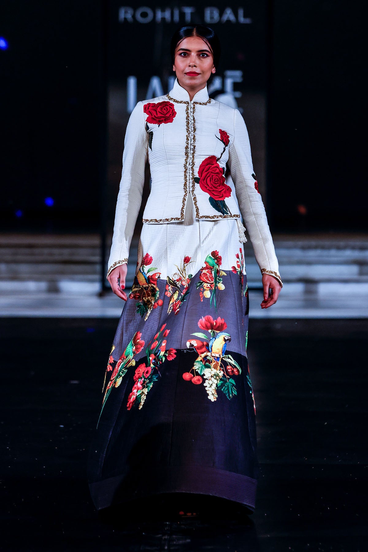 Chanderi Embroidery Floral Print Jacket And Color Block Skirt
