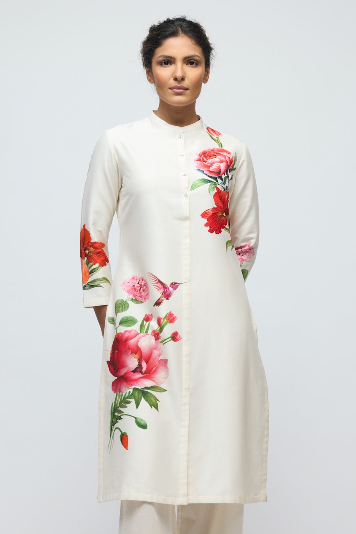 Floral printed Chanderi Tunic Set with Voile Pant