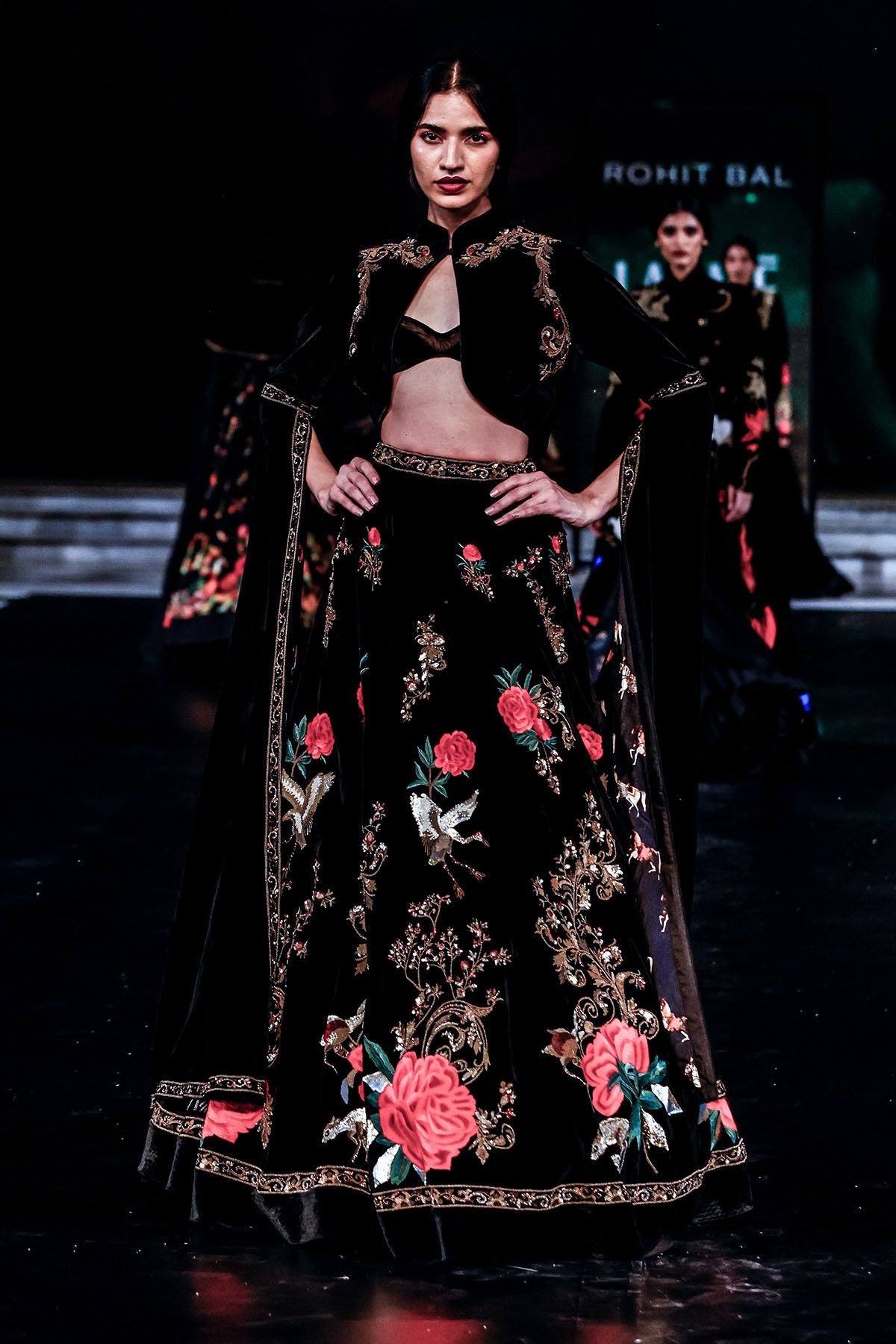 Velvet Elegance Embroidered Short Jacket & Skirt With Bustier
