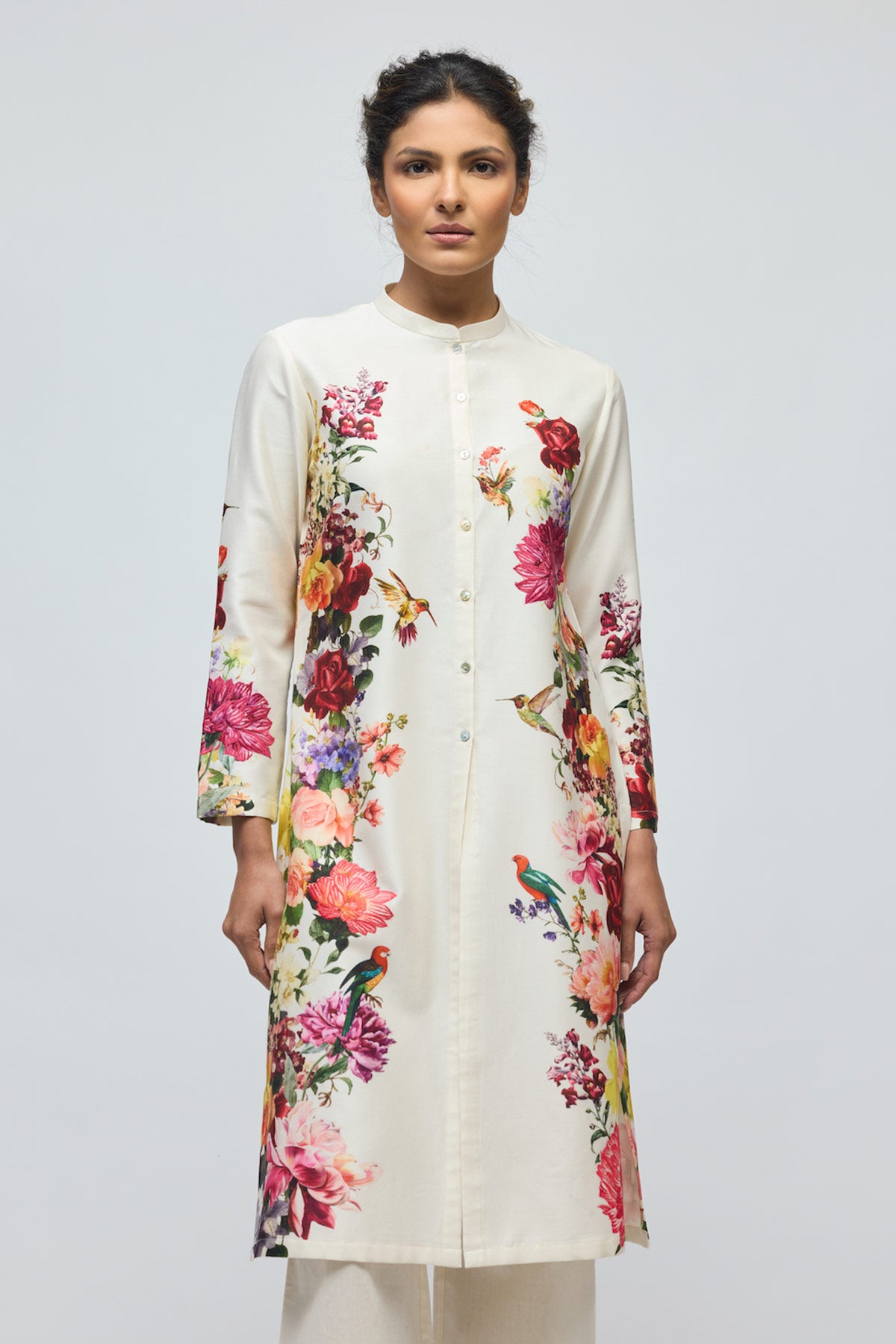 Floral printed Chanderi Tunic Set with Voile Pant
