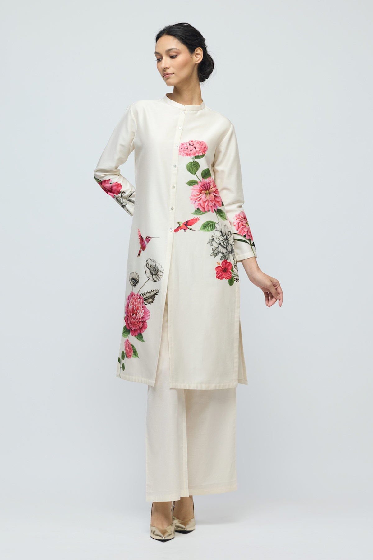 Floral printed Chanderi Tunic Set with Voile Pant