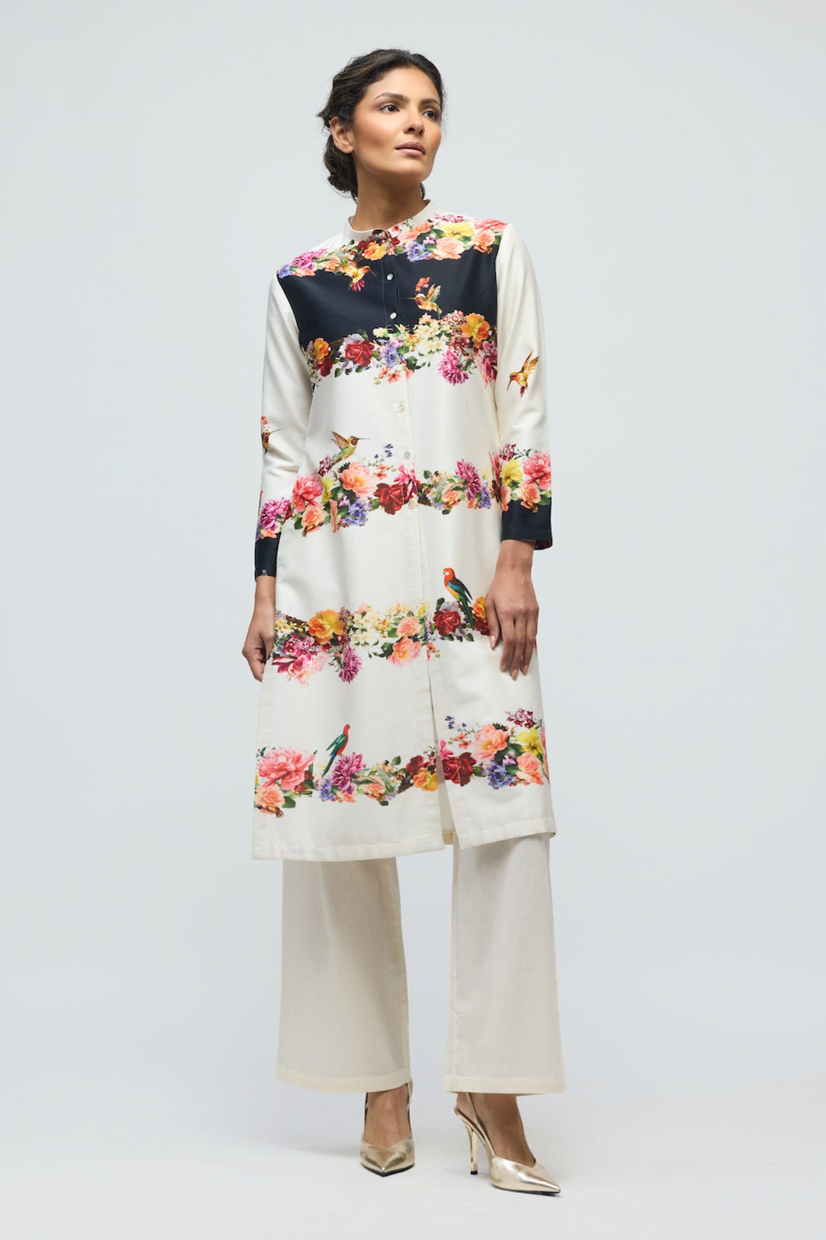 Floral printed Chanderi Tunic Set with Voile Pant
