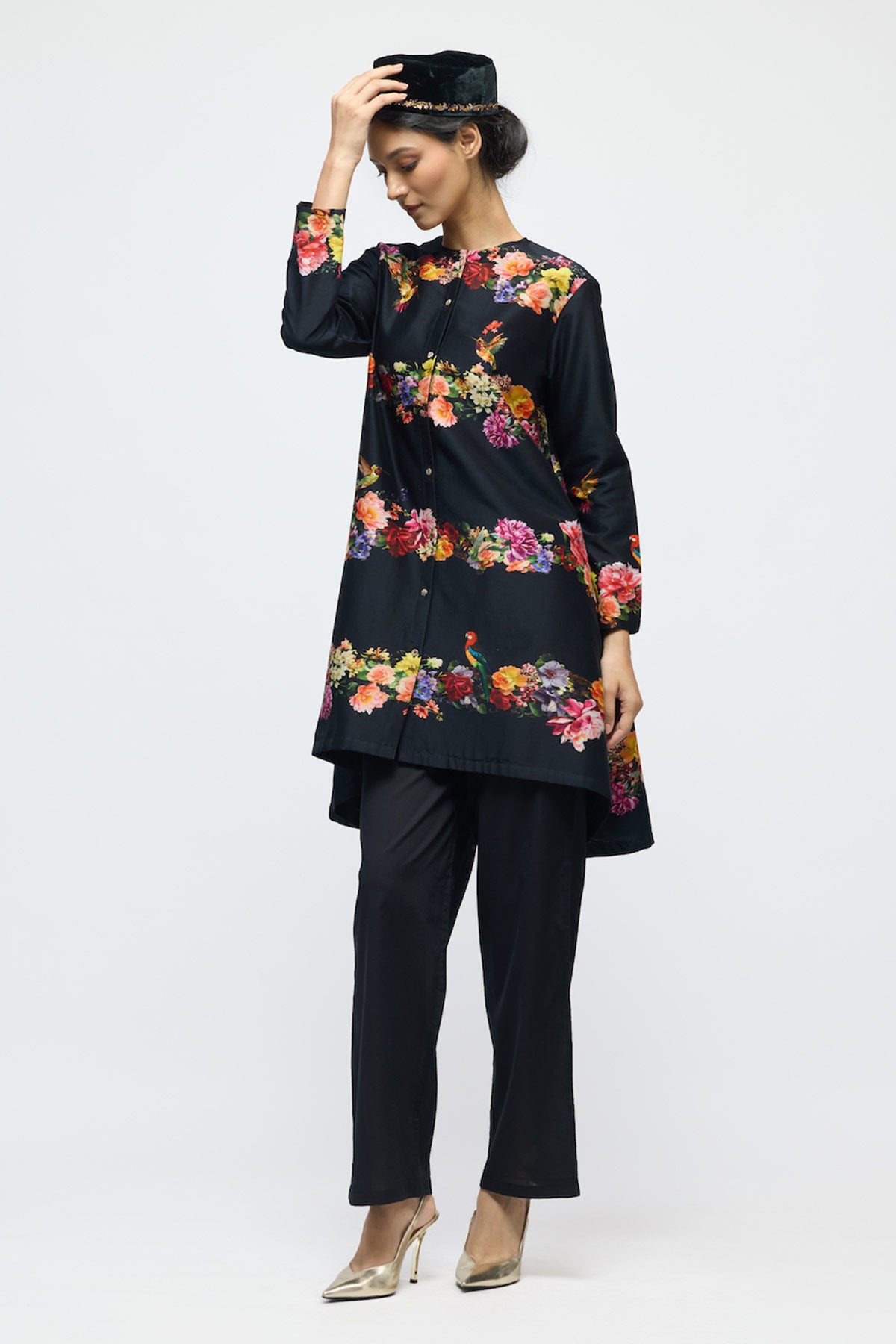 Floral printed Chanderi Tunic Set with Voile Pant