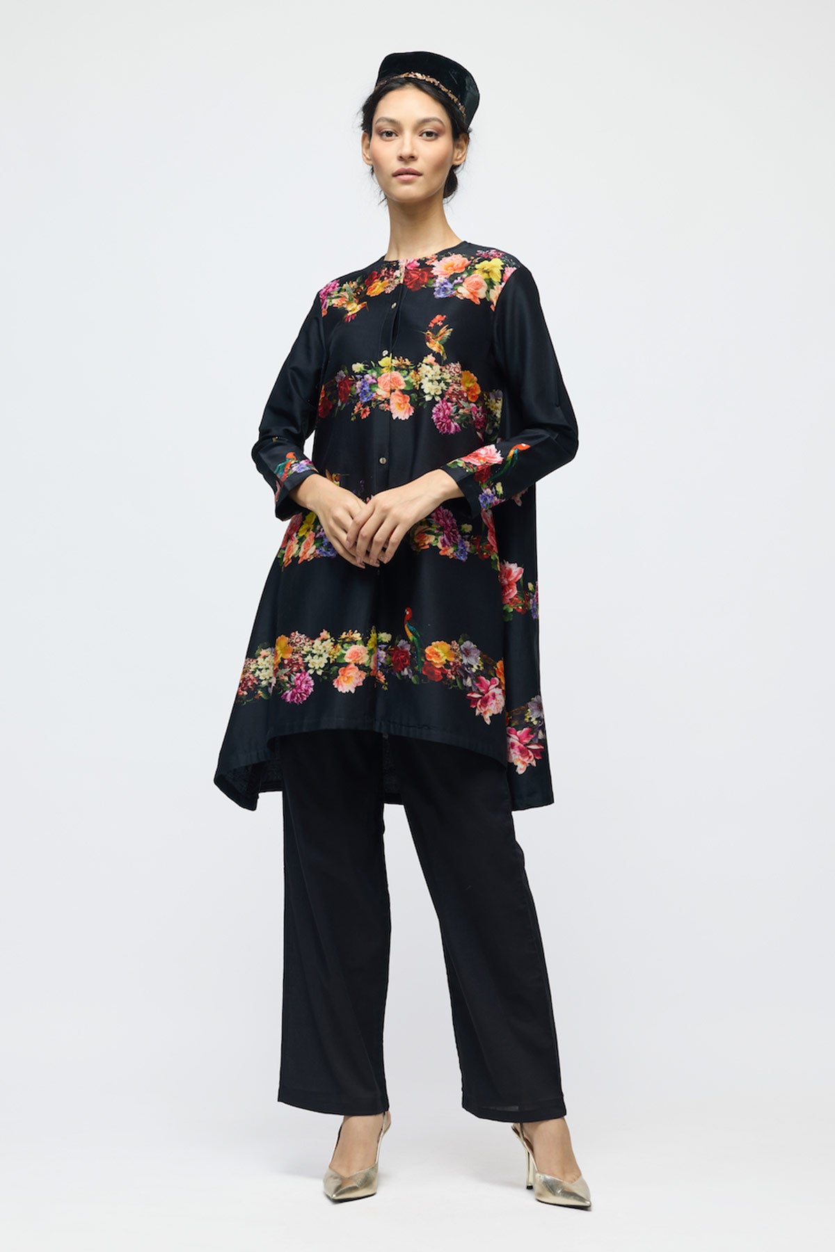 Floral printed Chanderi Tunic Set with Voile Pant