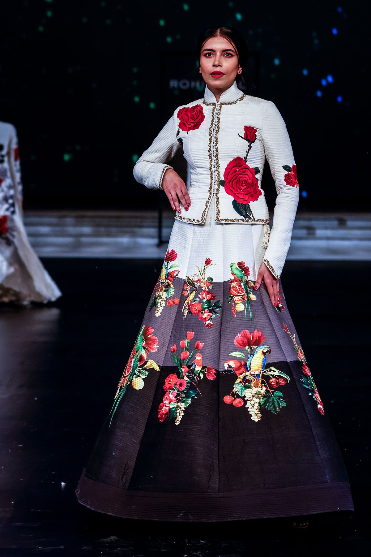 Chanderi Embroidery Floral Print Jacket And Color Block Skirt