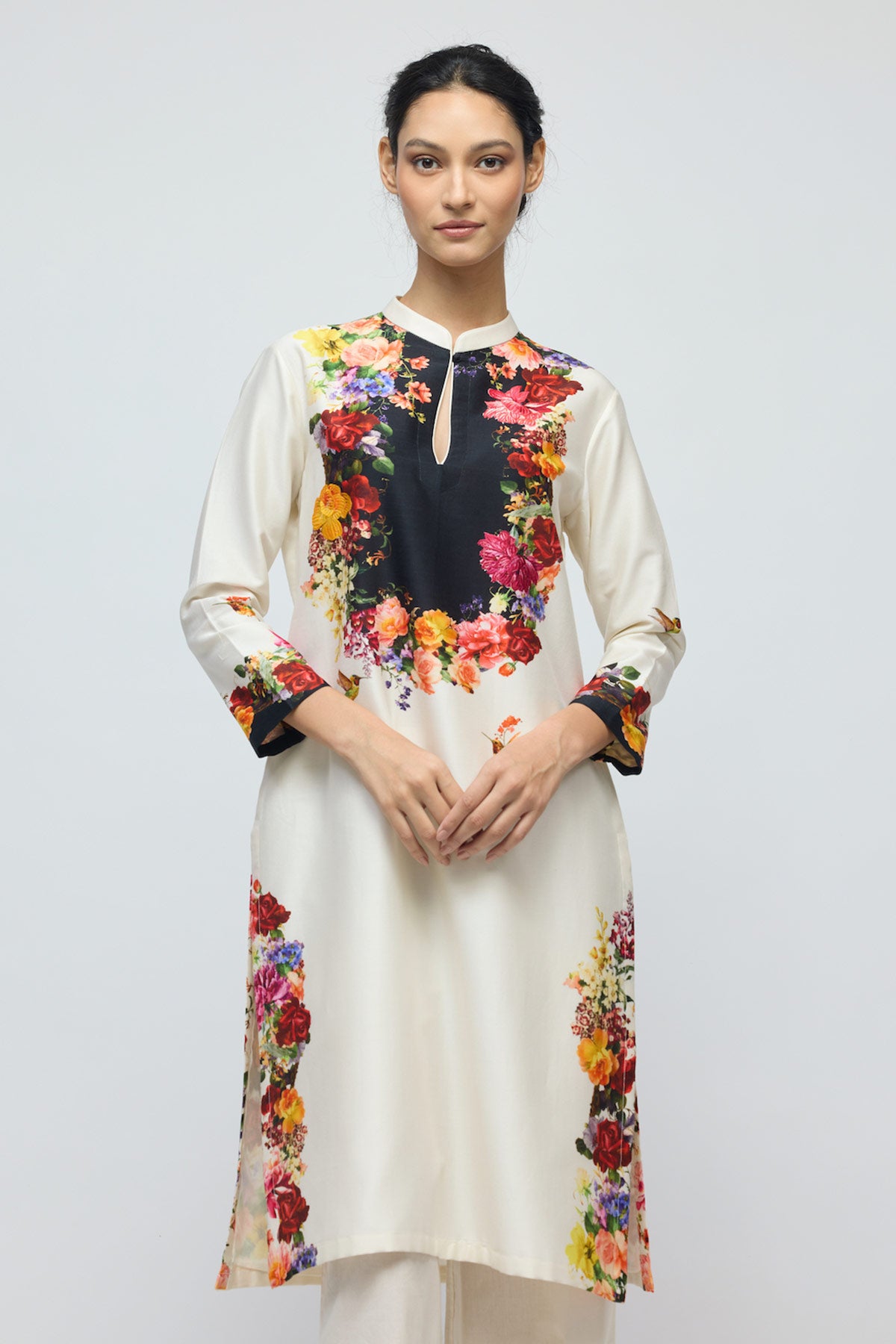 Floral printed Chanderi Tunic Set with Voile Pant