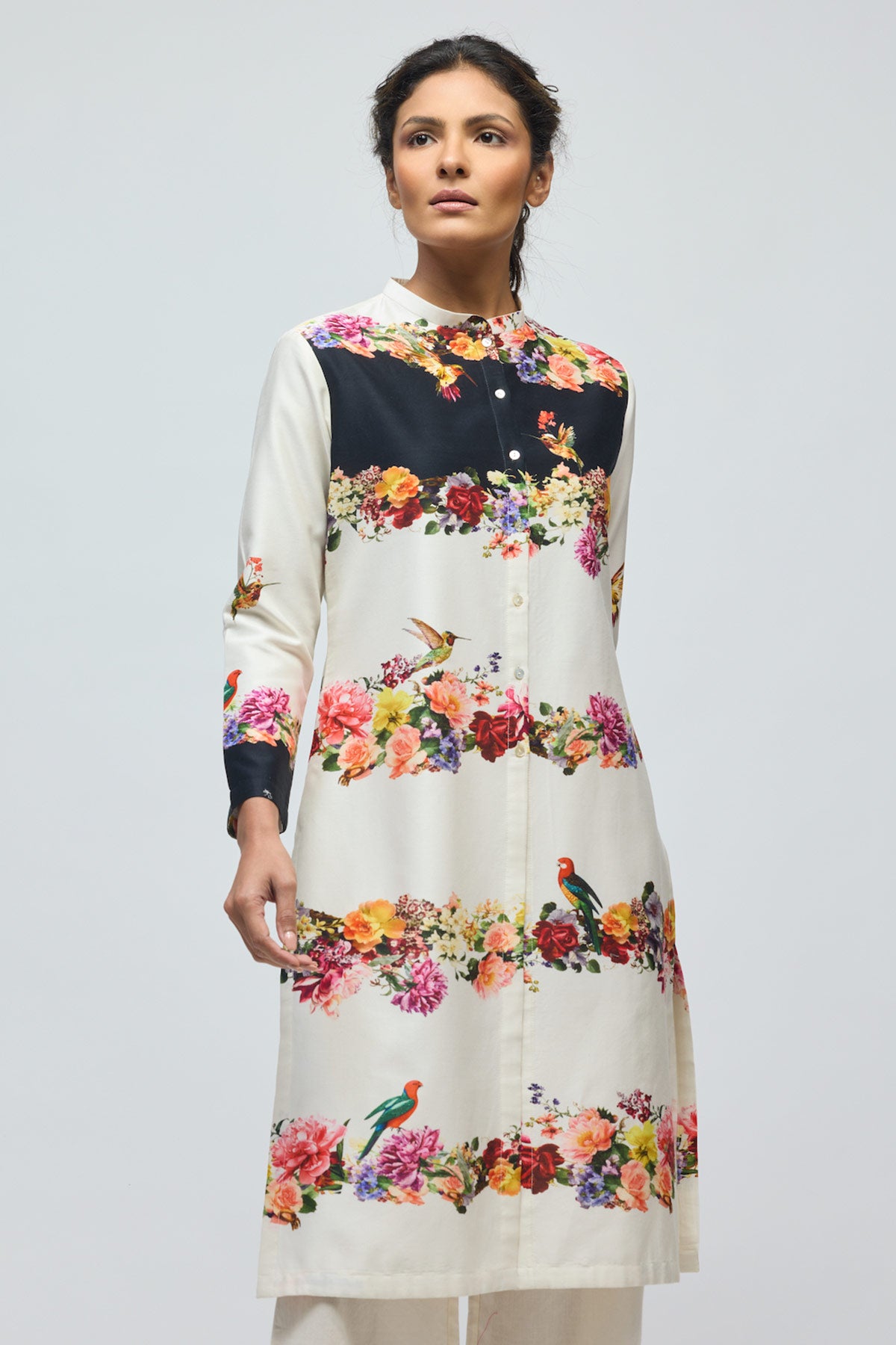 Floral printed Chanderi Tunic Set with Voile Pant