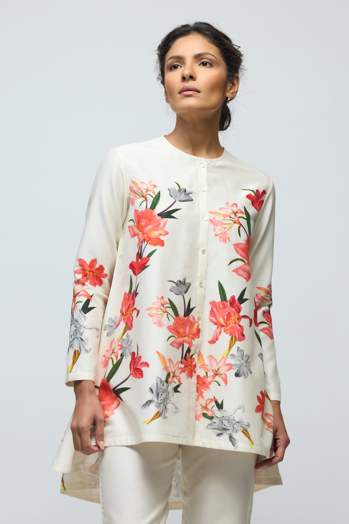 Floral printed Chanderi Tunic Set with Voile Pant