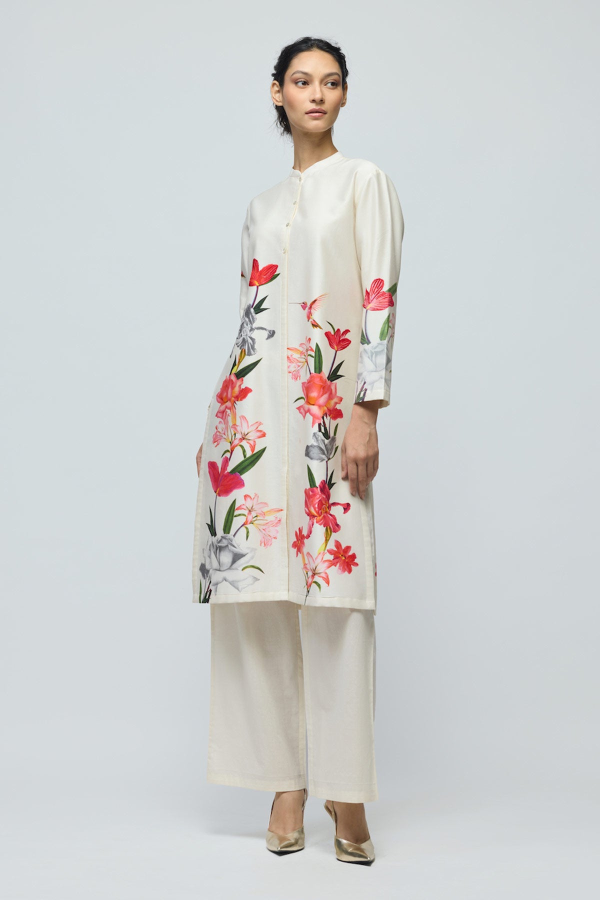 Floral printed Chanderi Tunic Set with Voile Pant