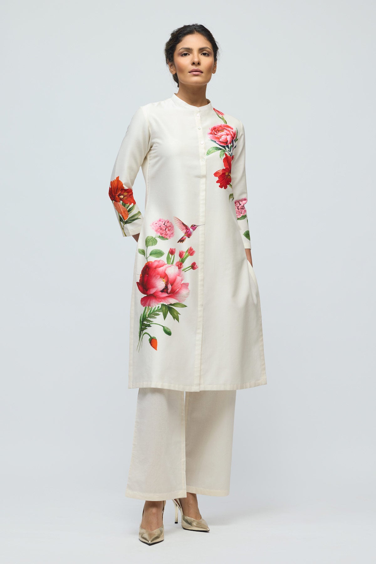 Floral printed Chanderi Tunic Set with Voile Pant