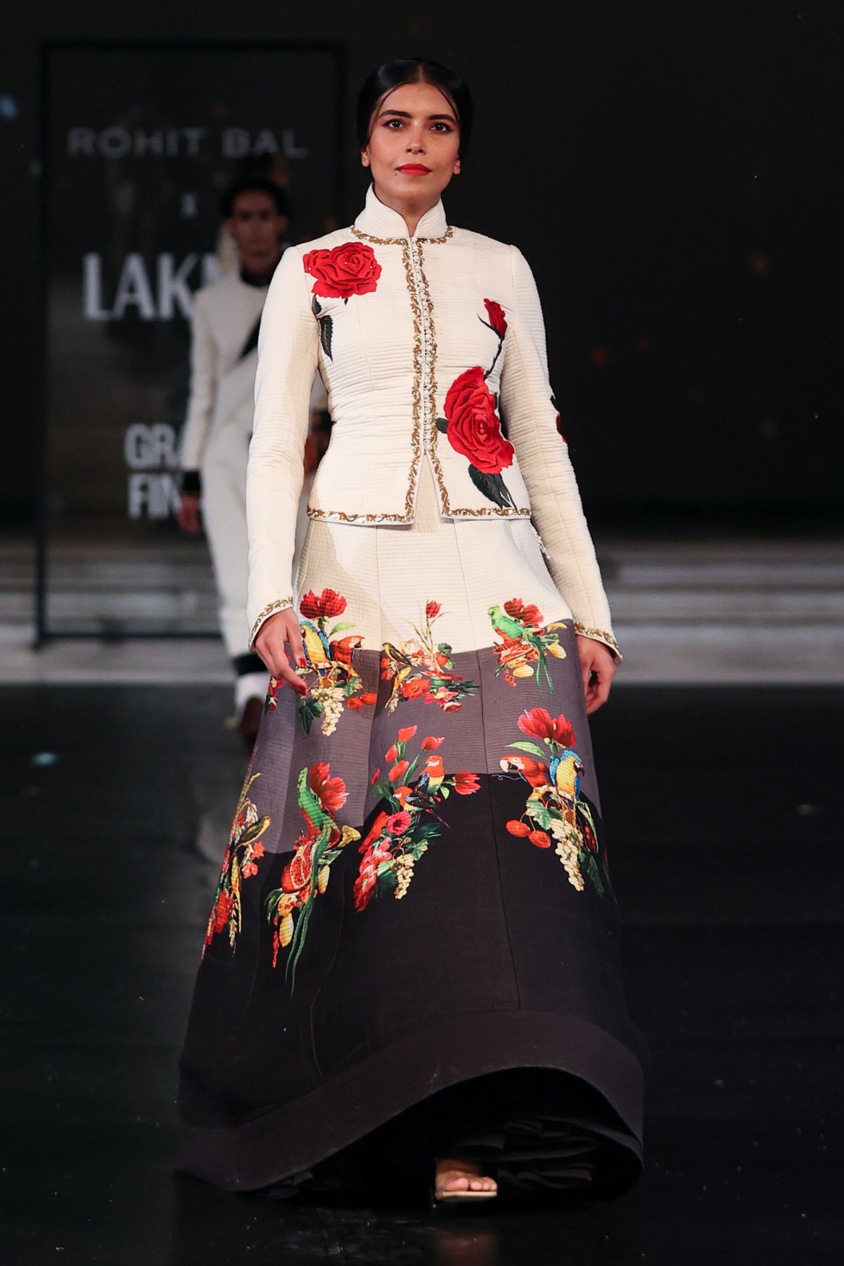 Chanderi Embroidery Floral Print Jacket And Color Block Skirt