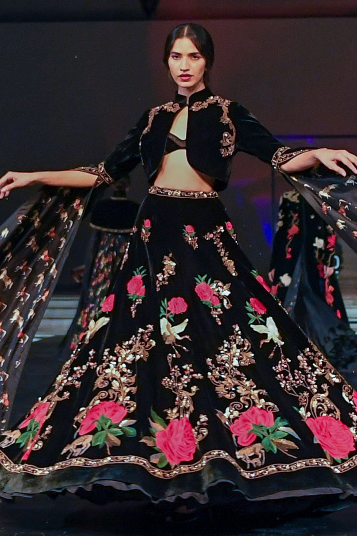 Velvet Elegance Embroidered Short Jacket & Skirt With Bustier