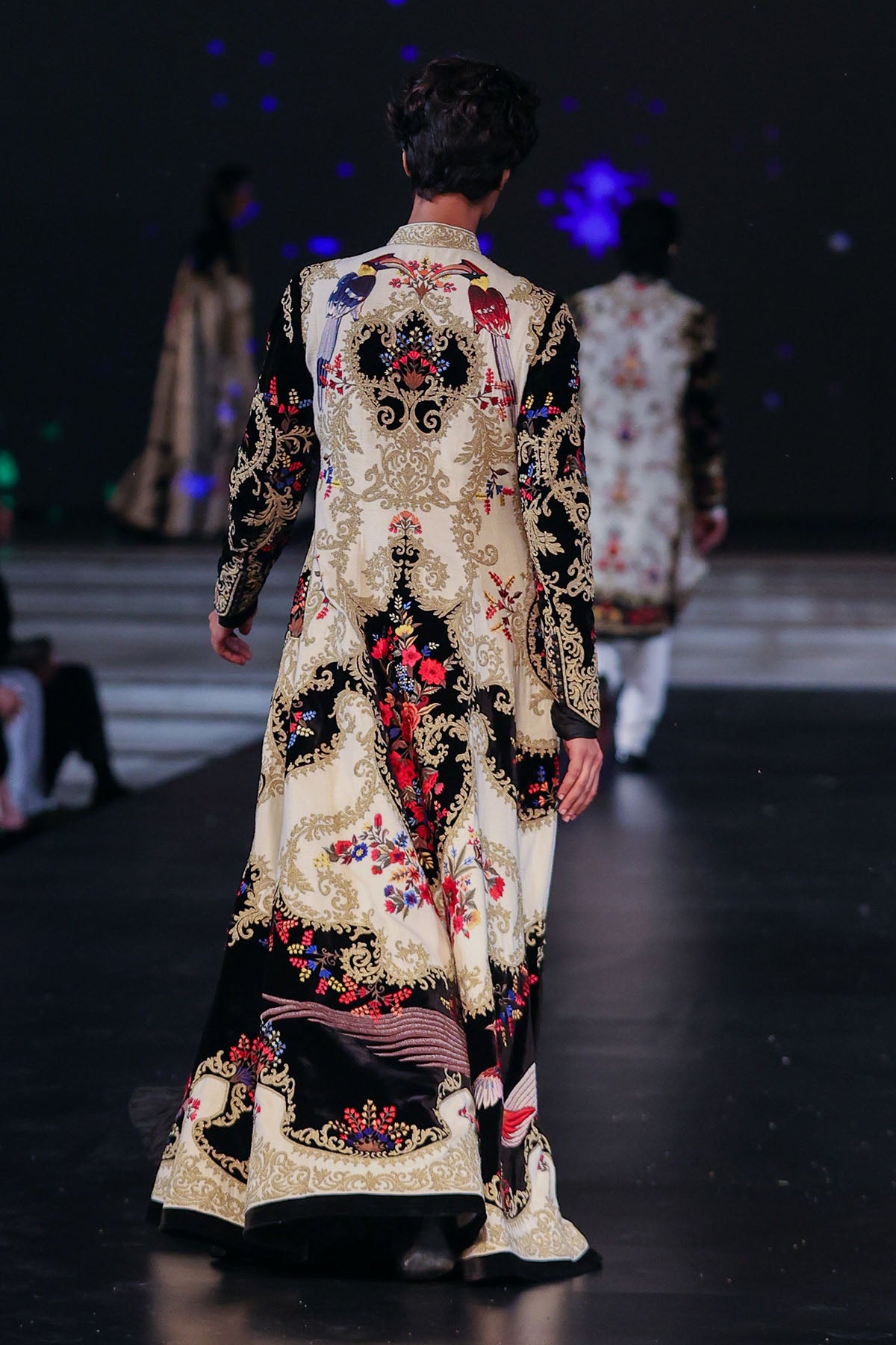 Longline Jacket In Matka Silk & Velvet With Embroidery