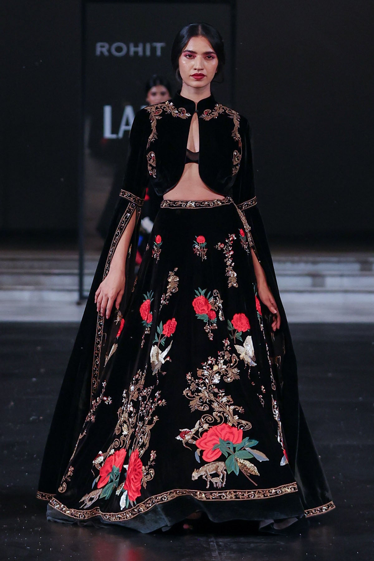 Velvet Elegance Embroidered Short Jacket & Skirt With Bustier