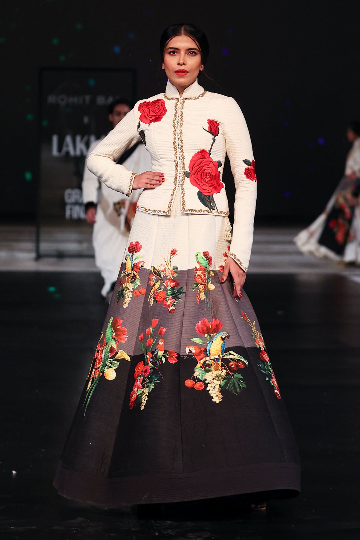 Chanderi Embroidery Floral Print Jacket And Color Block Skirt