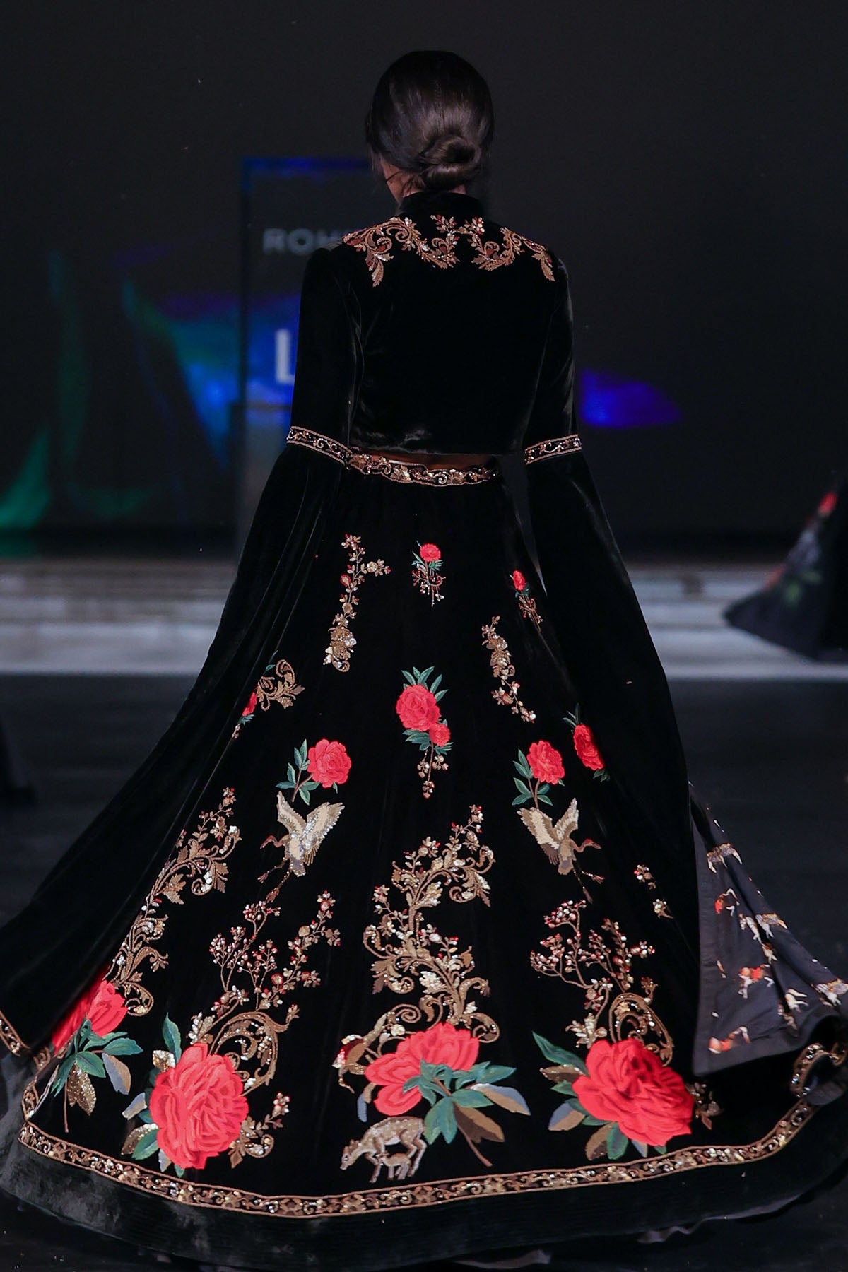 Velvet Elegance Embroidered Short Jacket & Skirt With Bustier