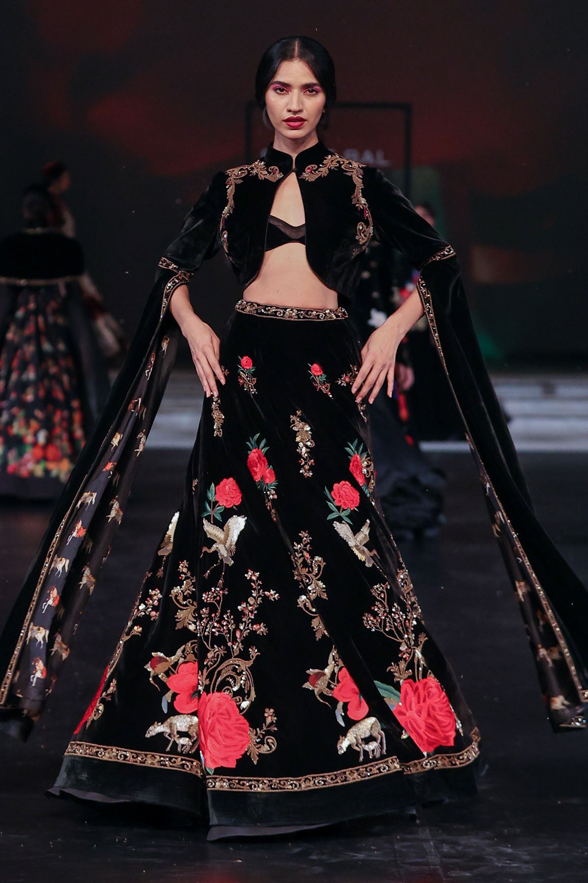 Velvet Elegance Embroidered Short Jacket & Skirt With Bustier