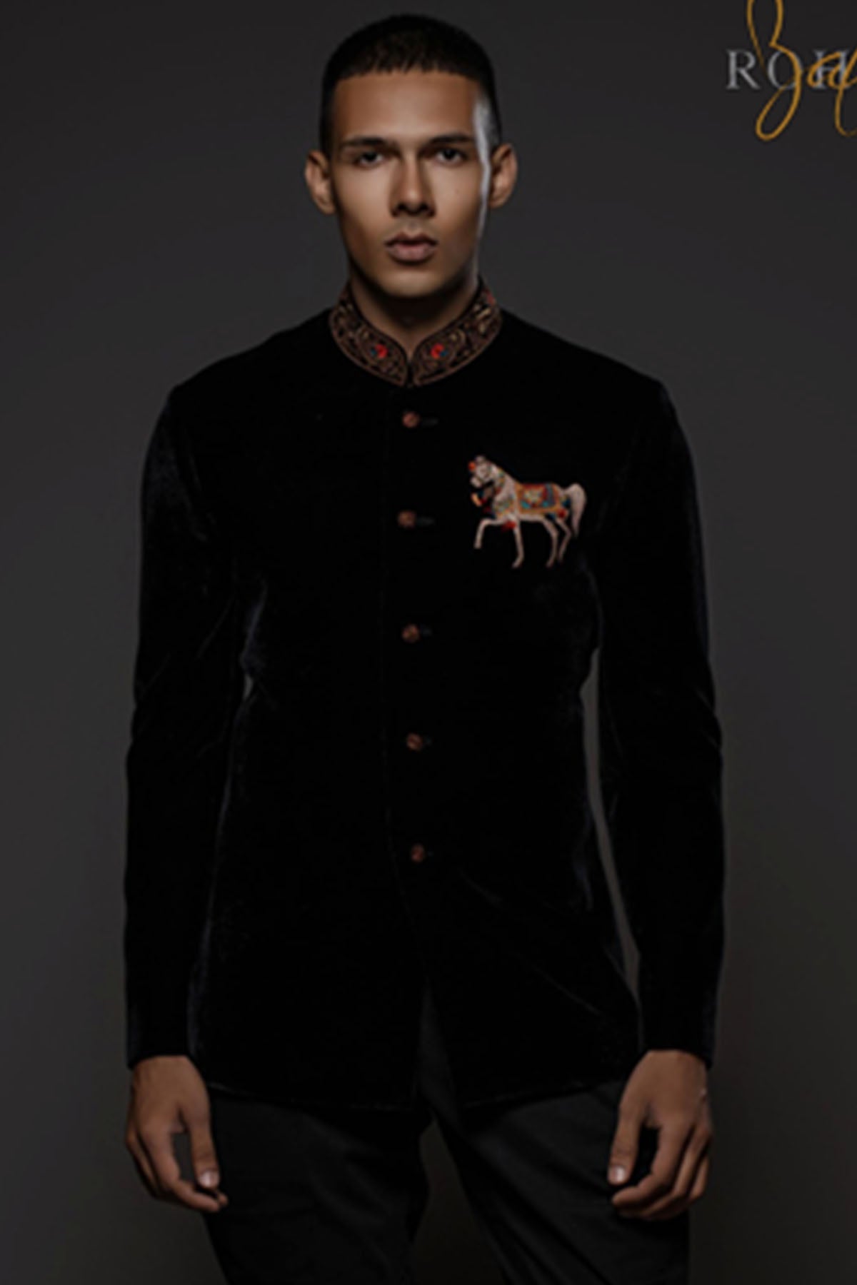 Embroidered Black Velvet Bandhgala With Motif