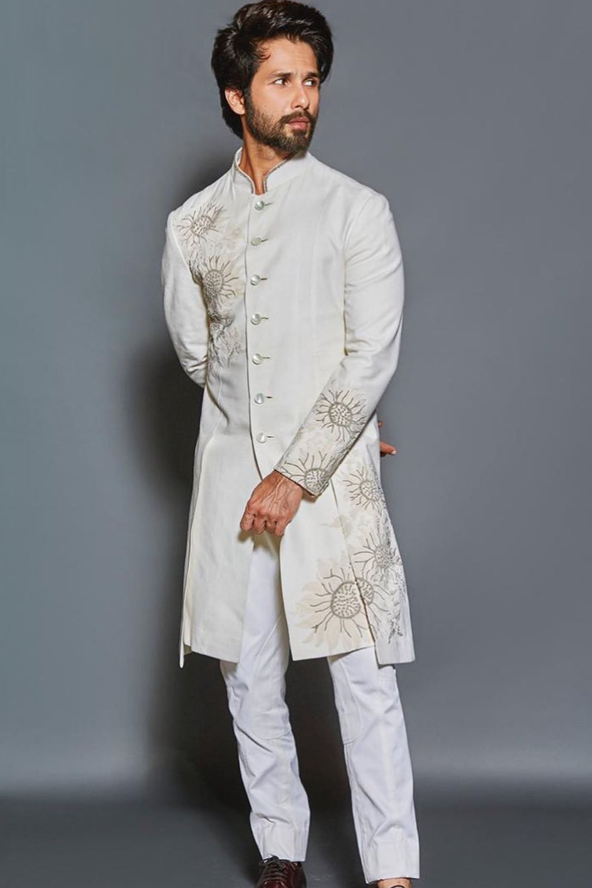 Ivory Matka Silk Sherwani With Embroidery