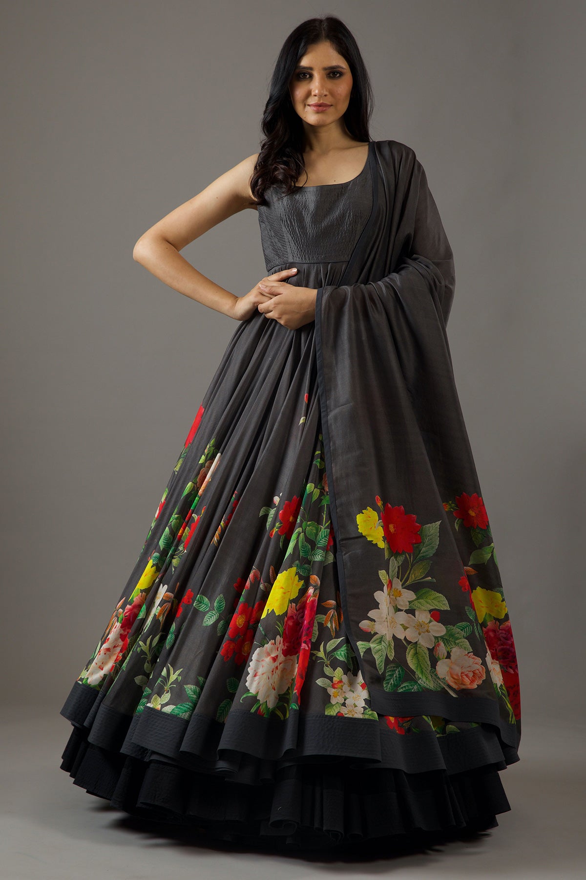Chanderi Anarkali Set With Floral Print