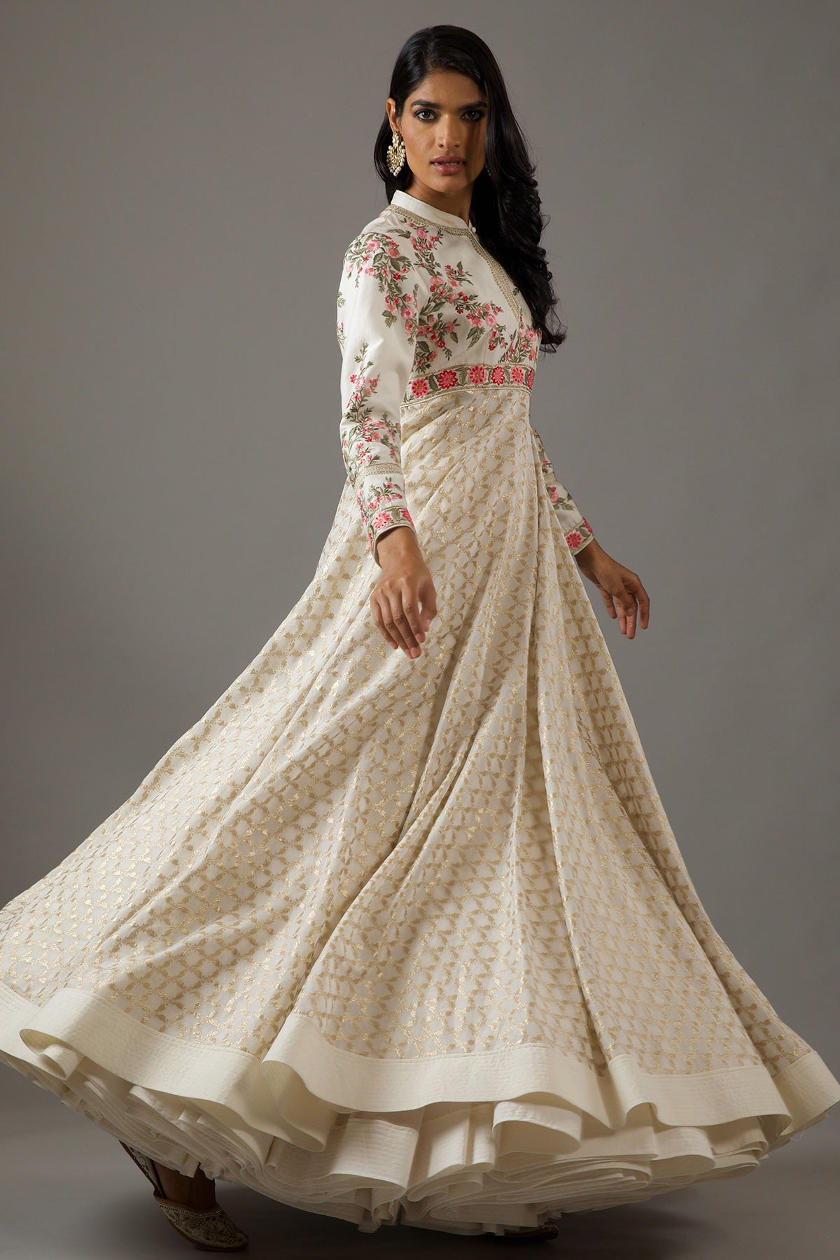 Ivory Chanderi Anarkali Set With Crinkle Dupatta