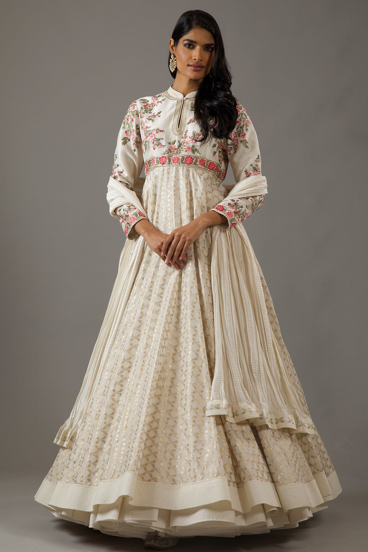 Ivory Chanderi Anarkali Set With Crinkle Dupatta