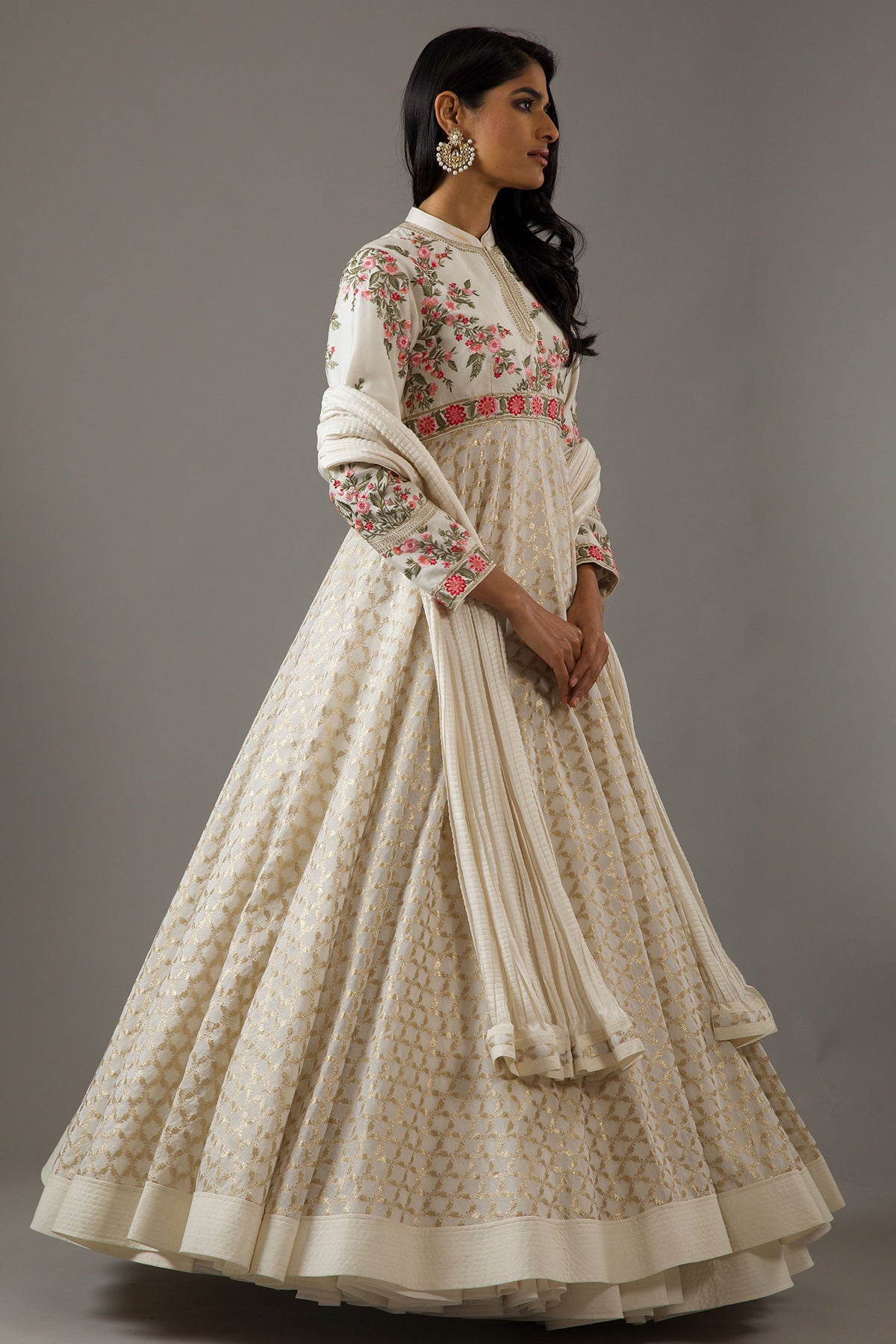 Ivory Chanderi Anarkali Set With Crinkle Dupatta