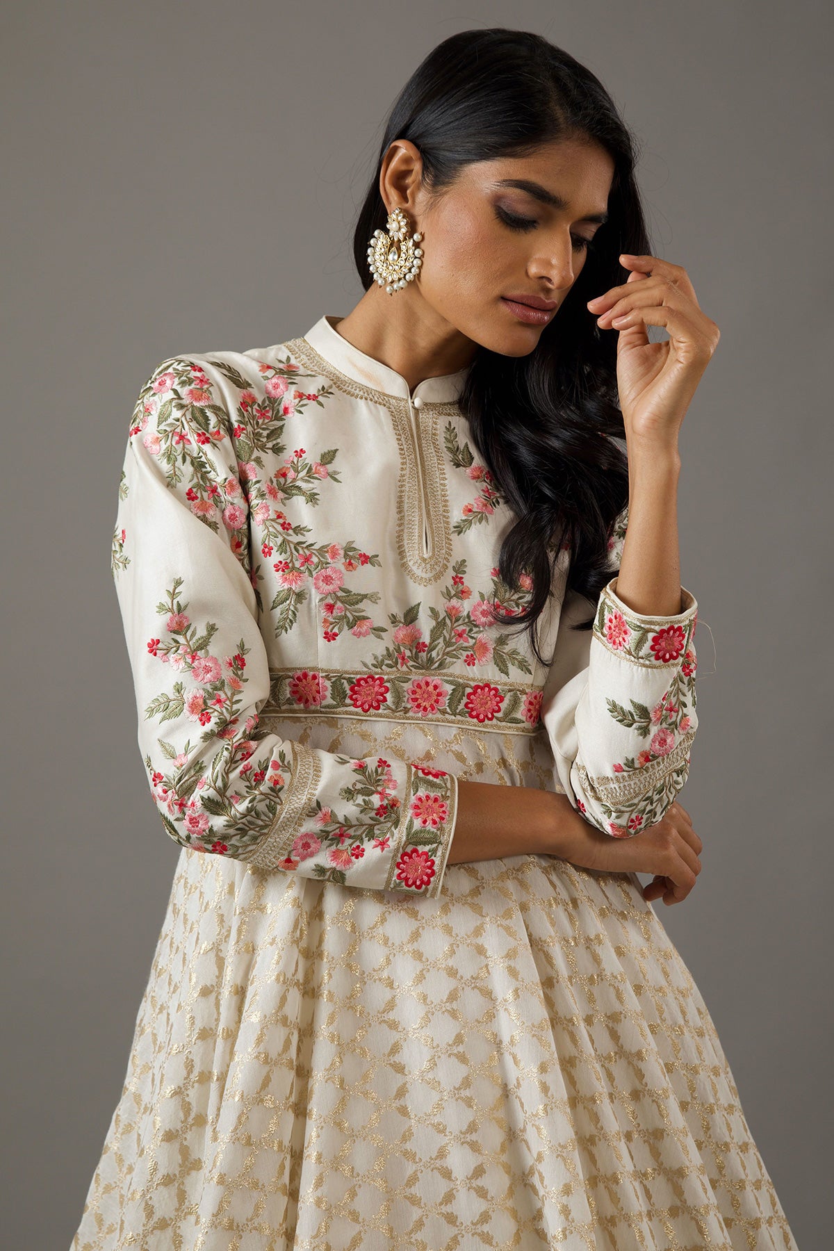 Ivory Chanderi Anarkali Set With Crinkle Dupatta