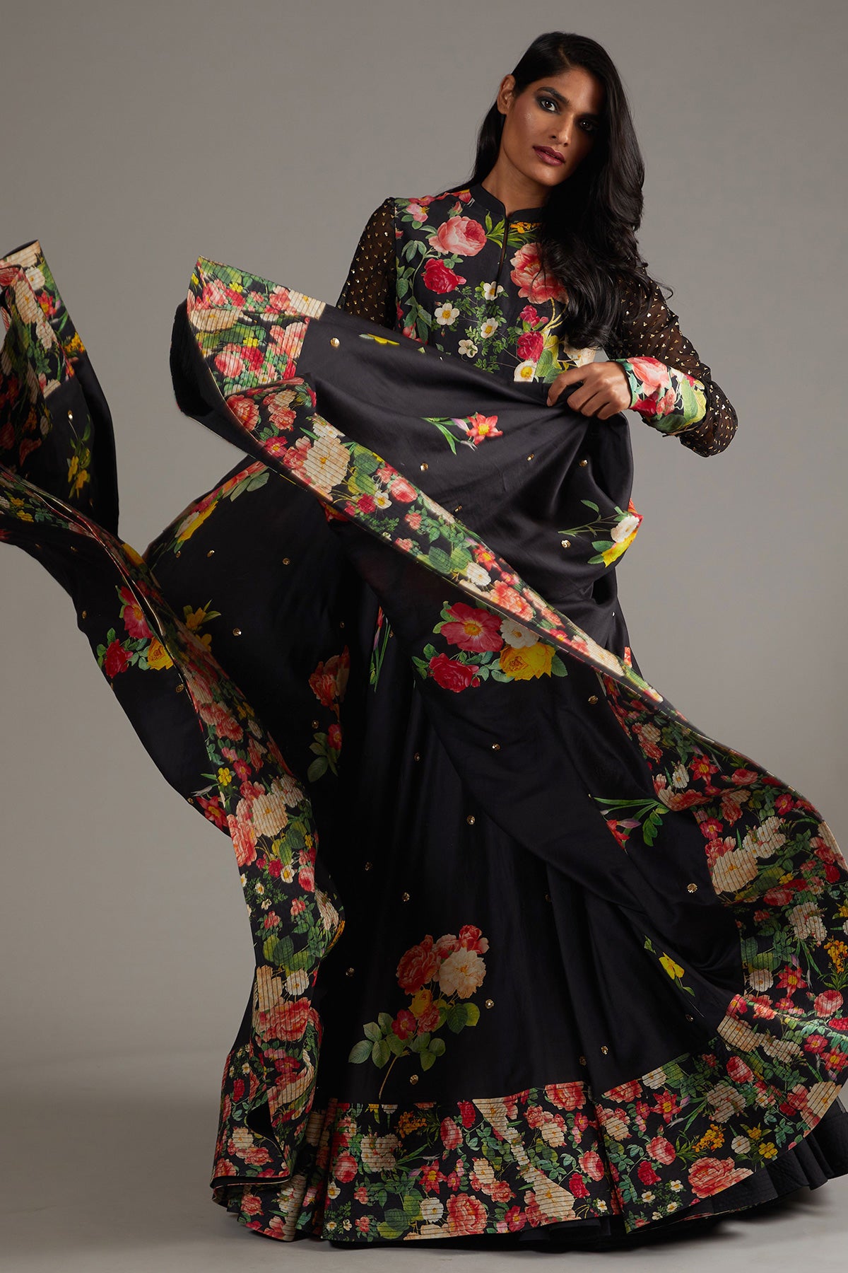 Black Chanderi Anarkali With Digital Print & Embroidery