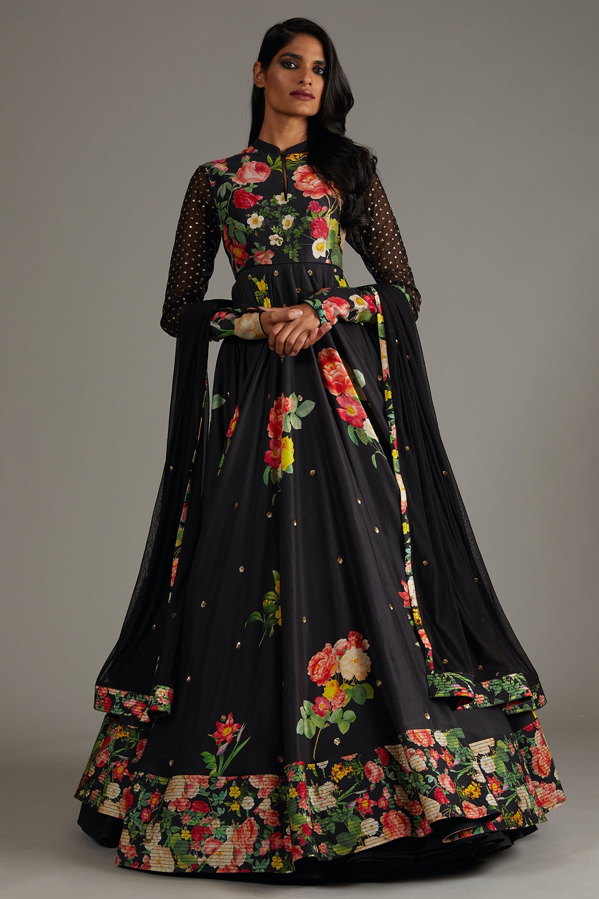 Black Chanderi Anarkali With Digital Print & Embroidery