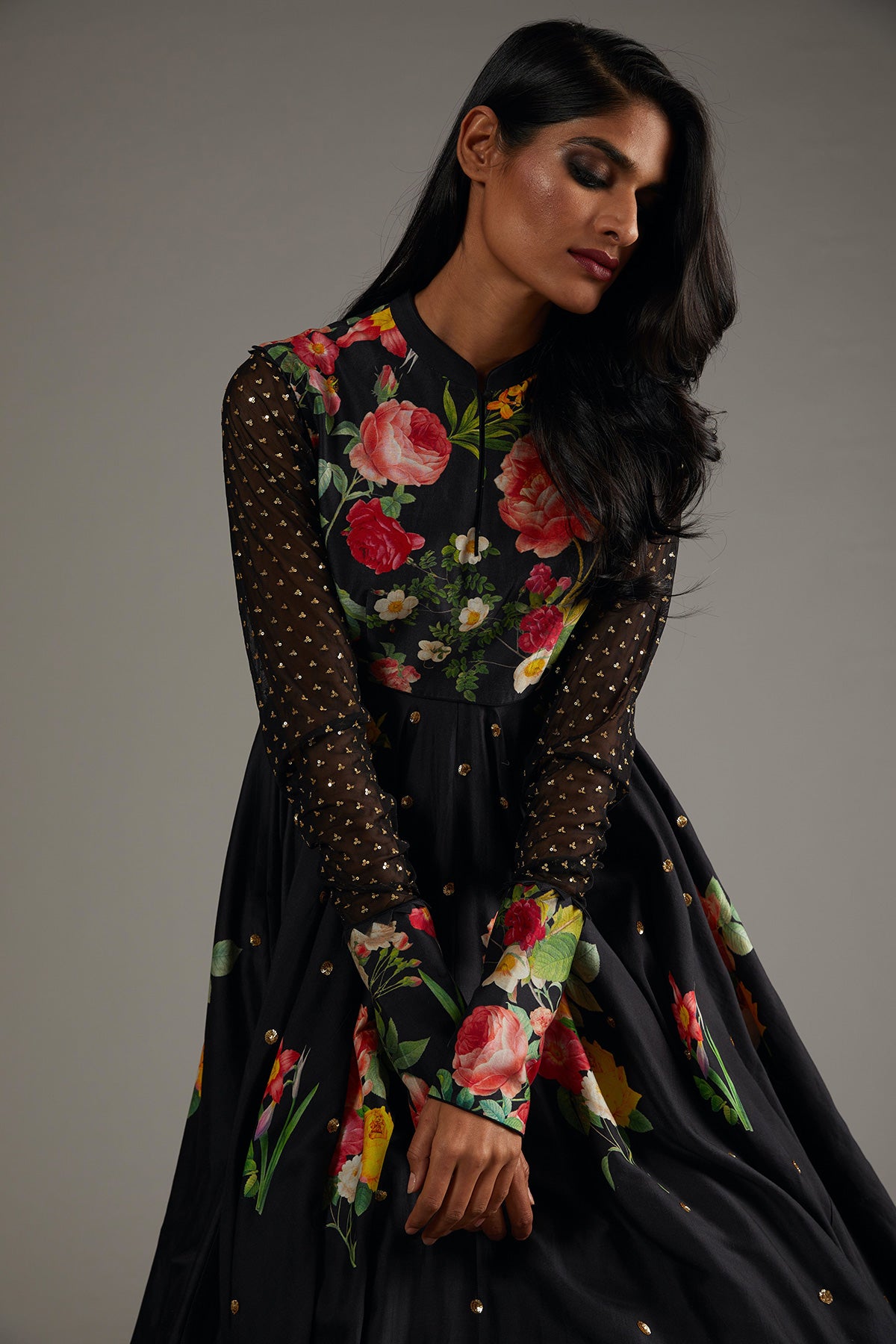 Black Chanderi Anarkali With Digital Print & Embroidery