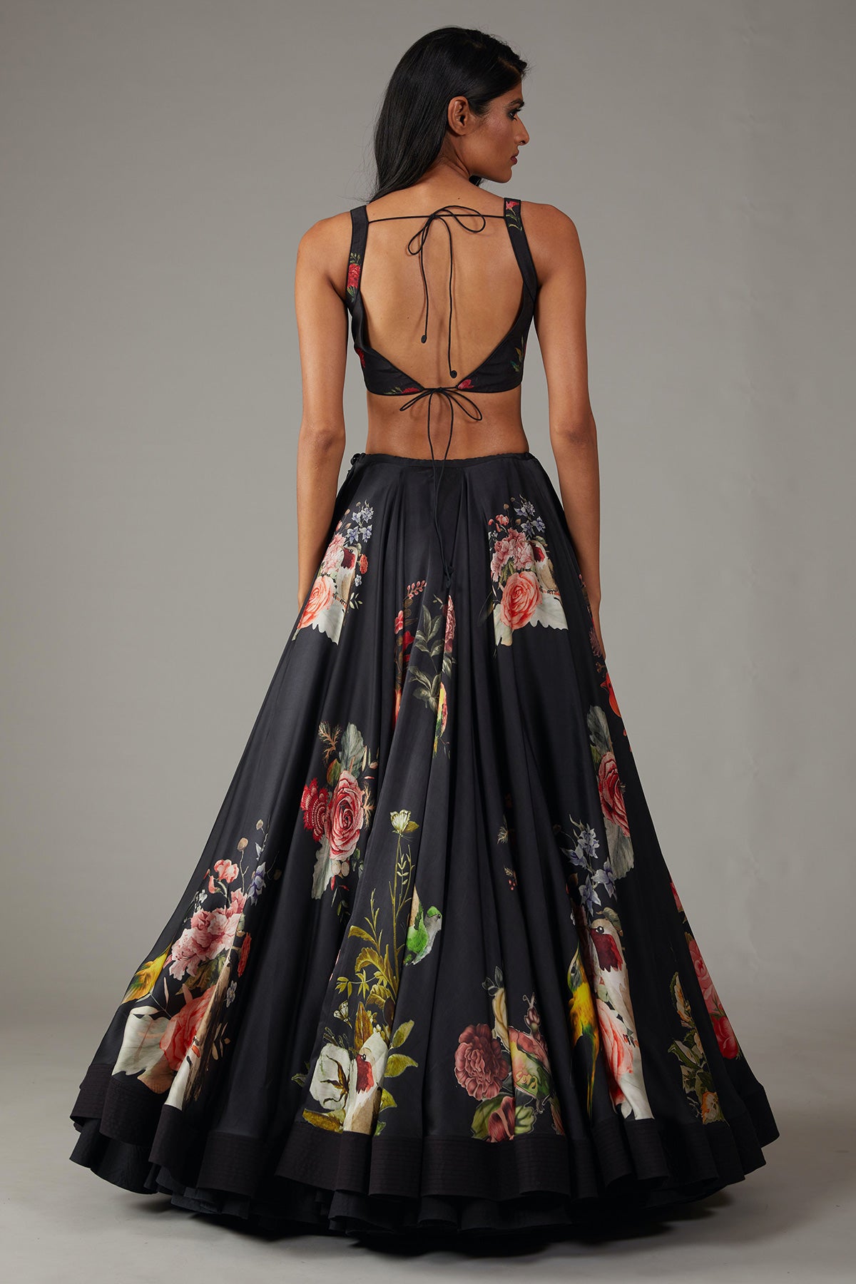 Black Satin Lehenga With Digital Print & Net Dupatta