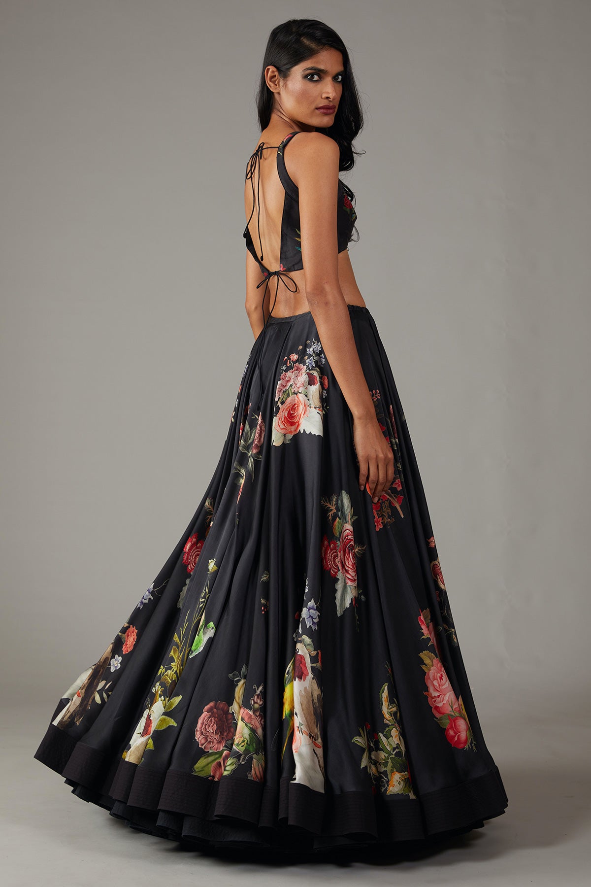 Black Satin Lehenga With Digital Print & Net Dupatta