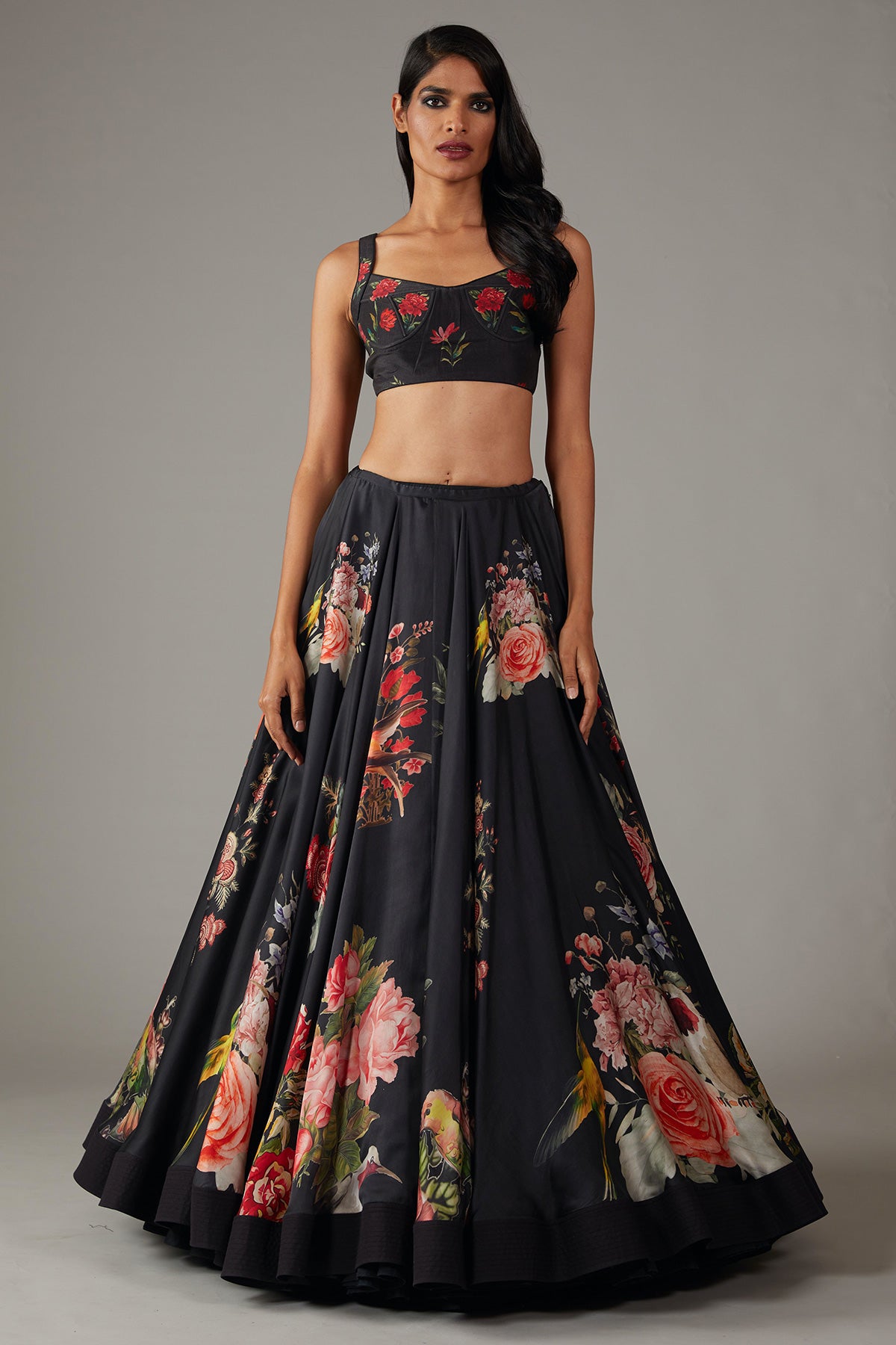 Black Satin Lehenga With Digital Print & Net Dupatta