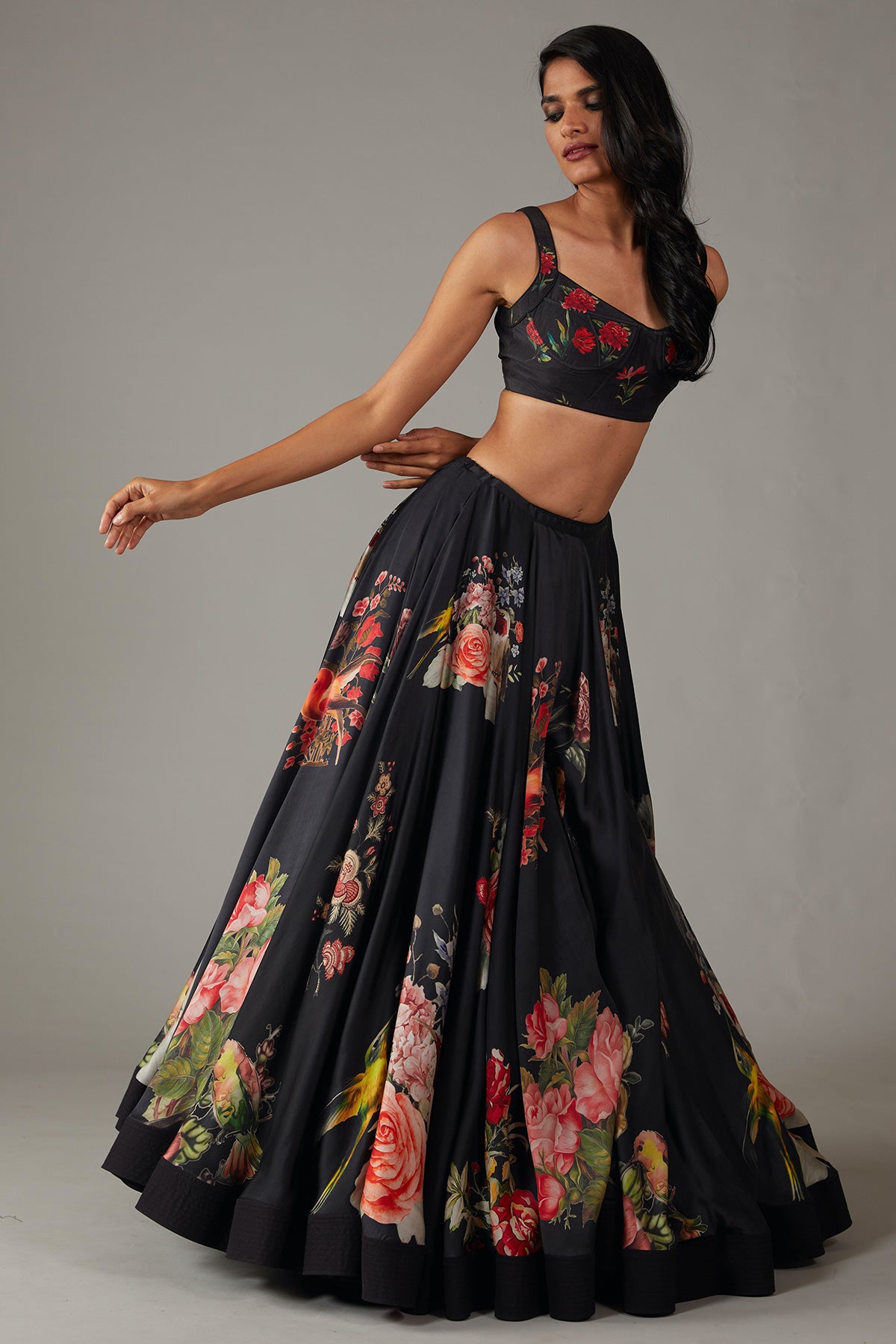 Black Satin Lehenga With Digital Print & Net Dupatta