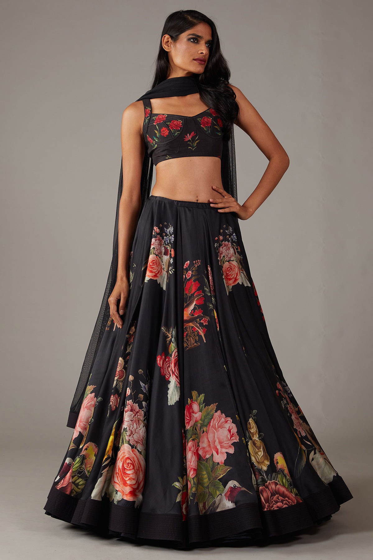Black Satin Lehenga With Digital Print & Net Dupatta
