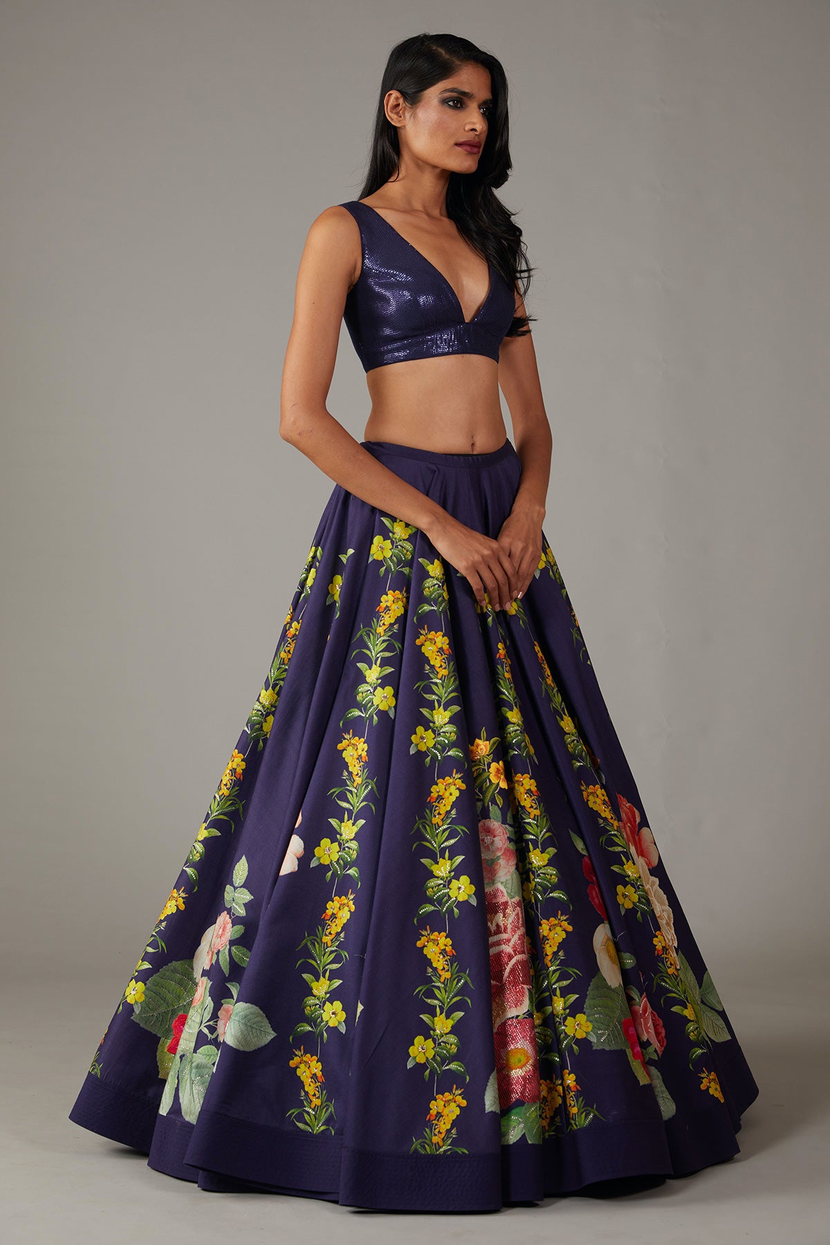 Indigo Digital Printed Chanderi Lehenga Set