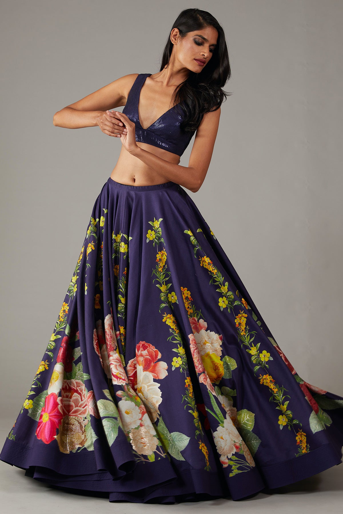 Indigo Digital Printed Chanderi Lehenga Set