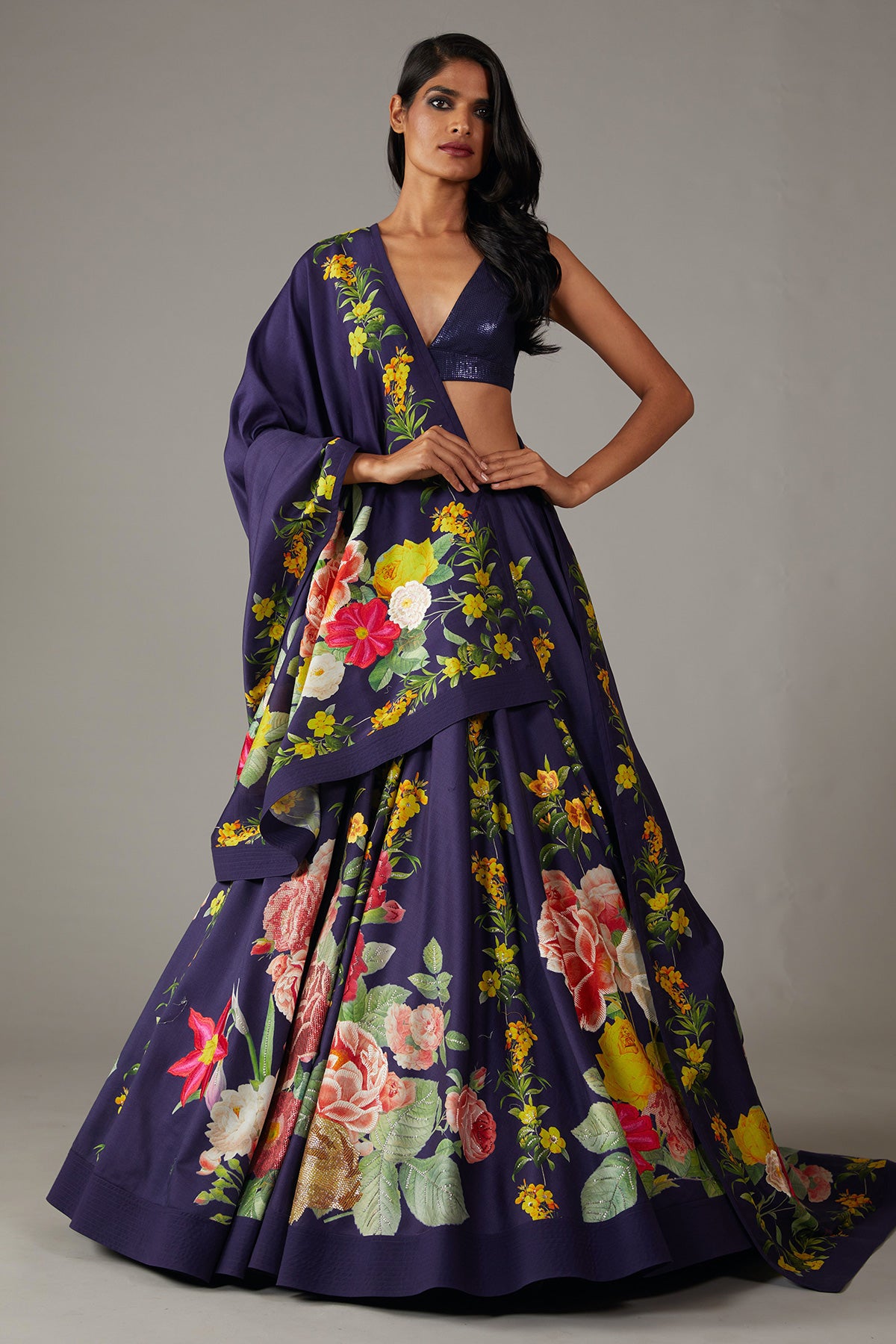Indigo Digital Printed Chanderi Lehenga Set