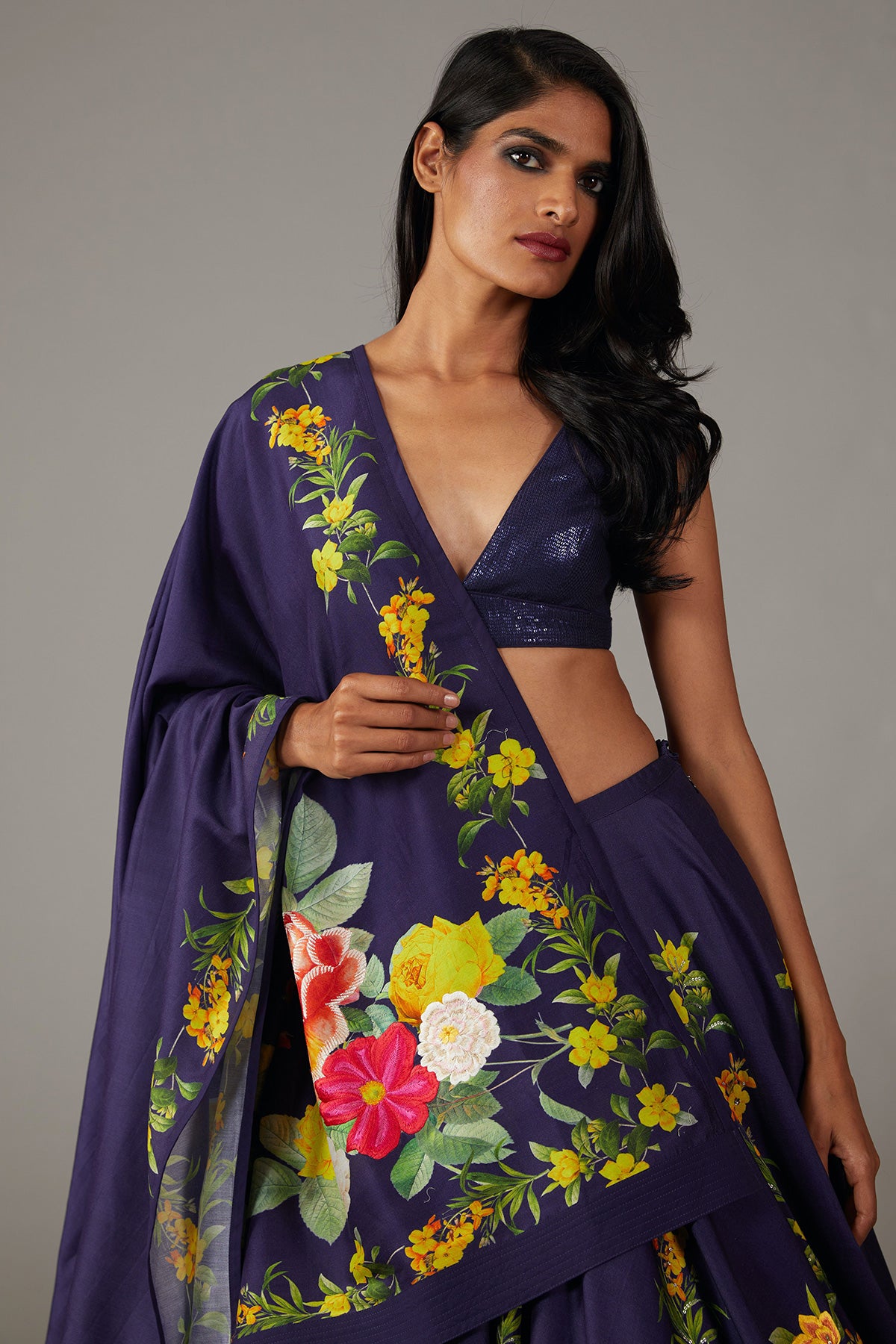 Indigo Digital Printed Chanderi Lehenga Set