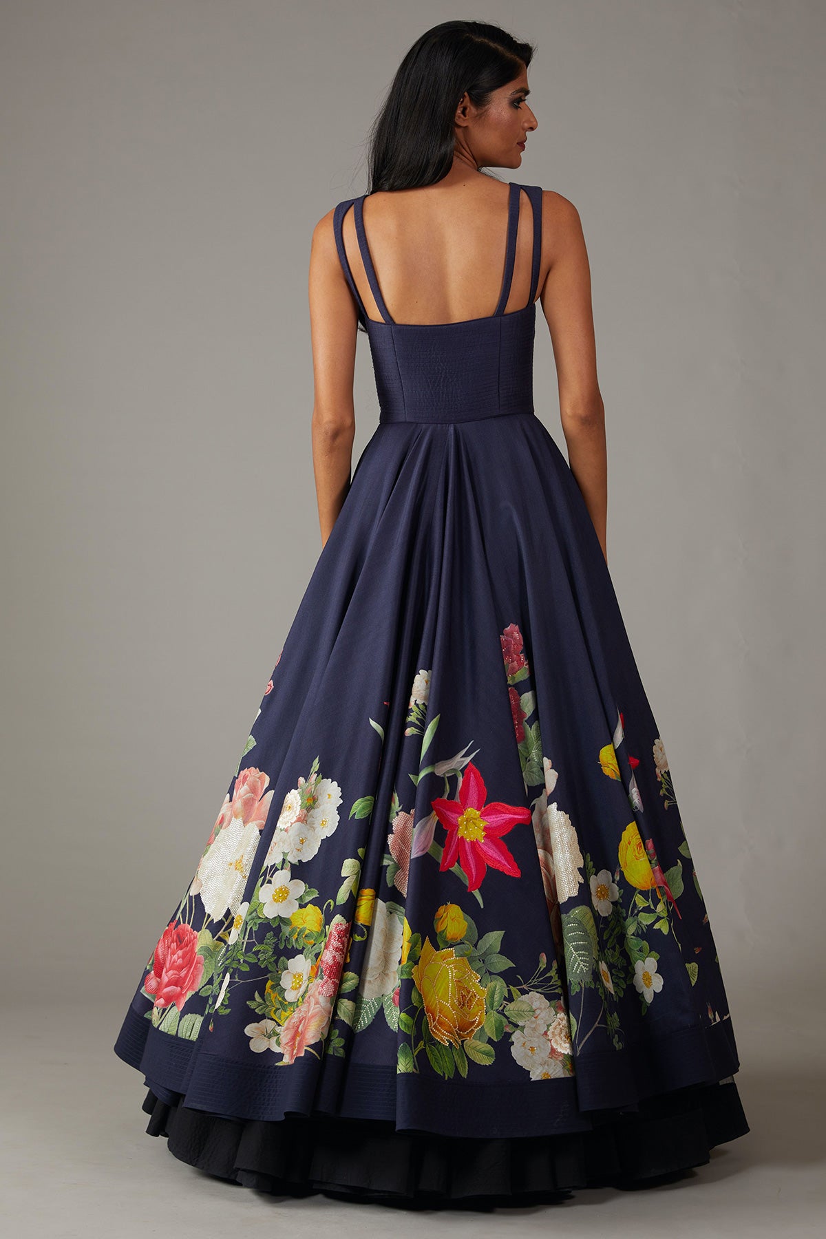 Chanderi Floral Printed Indigo Anarkali Set