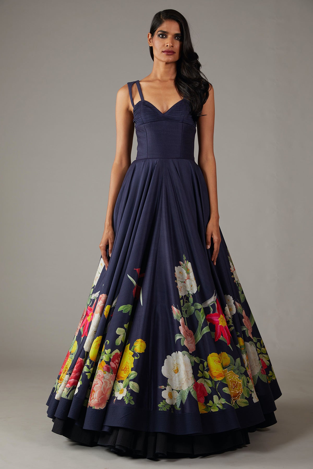 Chanderi Floral Printed Indigo Anarkali Set