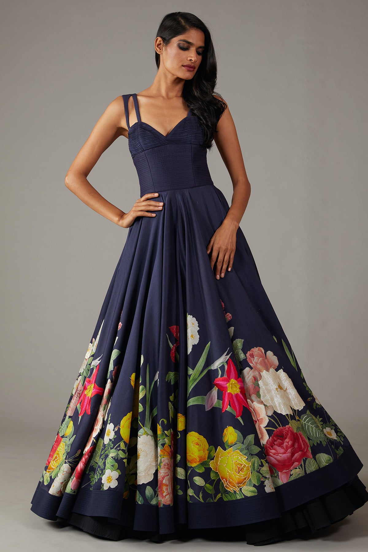 Chanderi Floral Printed Indigo Anarkali Set