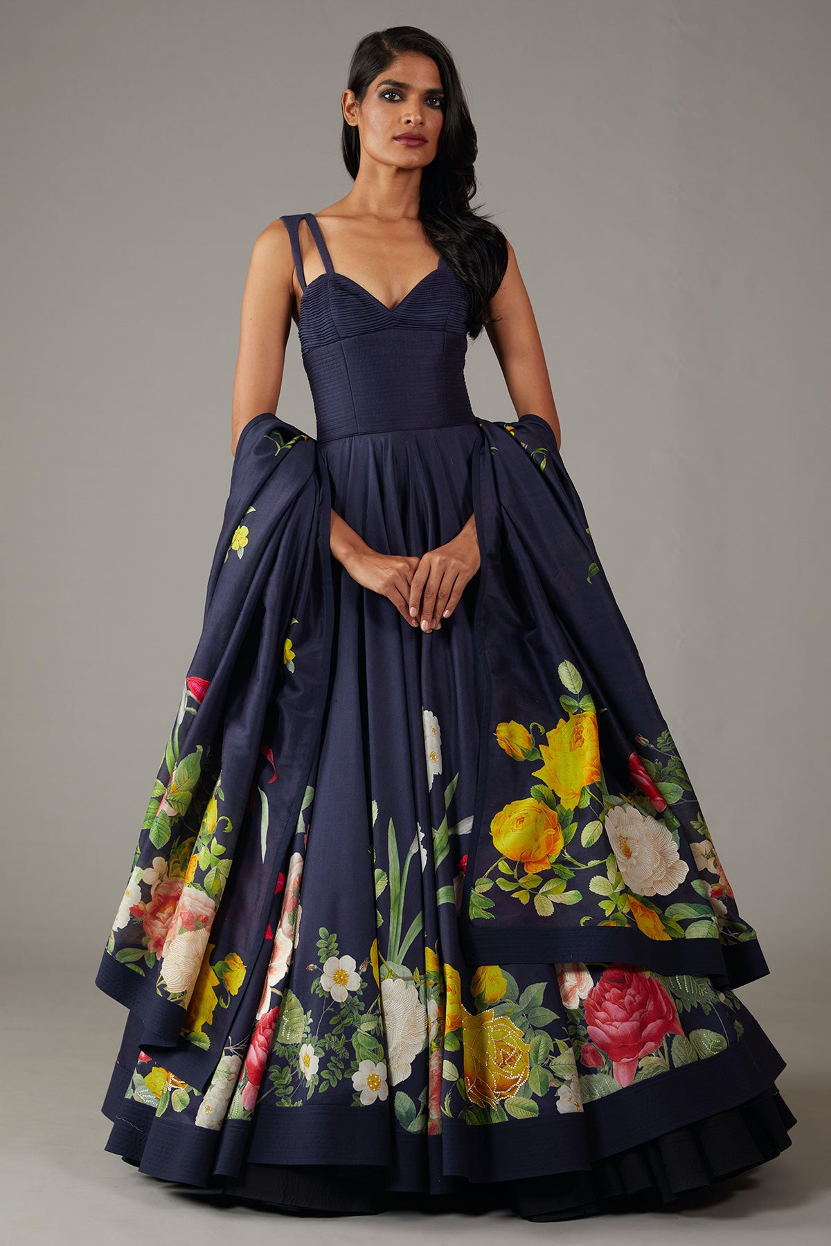Chanderi Floral Printed Indigo Anarkali Set